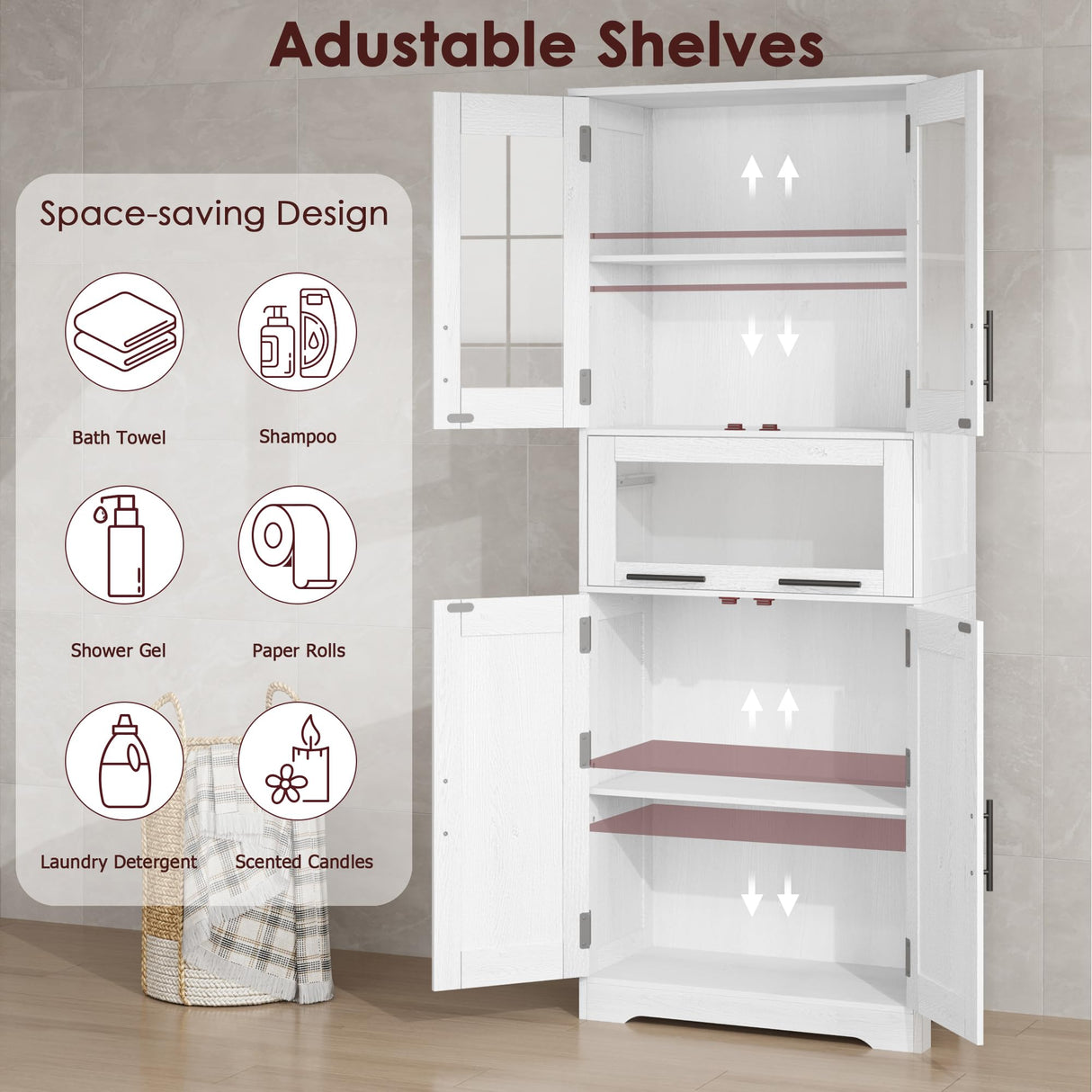 Tall White Freestanding Storage Cabinet with Glass Doors and Adjustable Shelves by IDEALHOUSE IDEALHOUSE