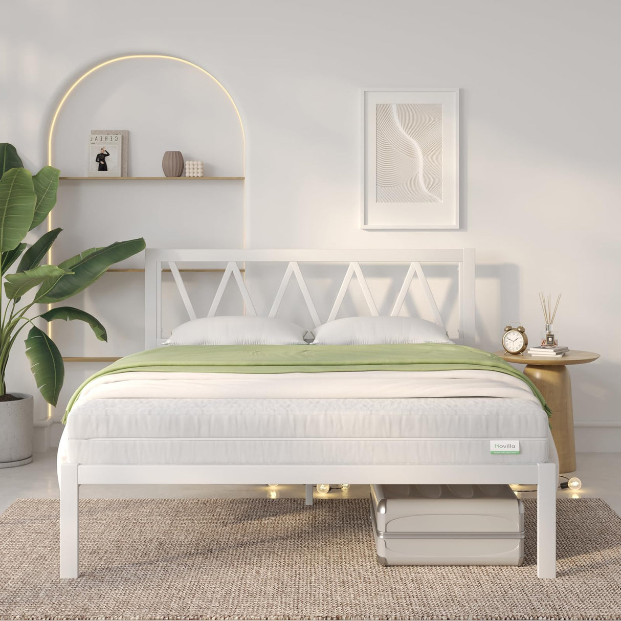 Novilla Queen Bed Frame with Headboard, Metal Platform Bed Frame, Heavy Duty, No Box Spring Needed, Wood Slat Support, Easy Assembly, White Novilla