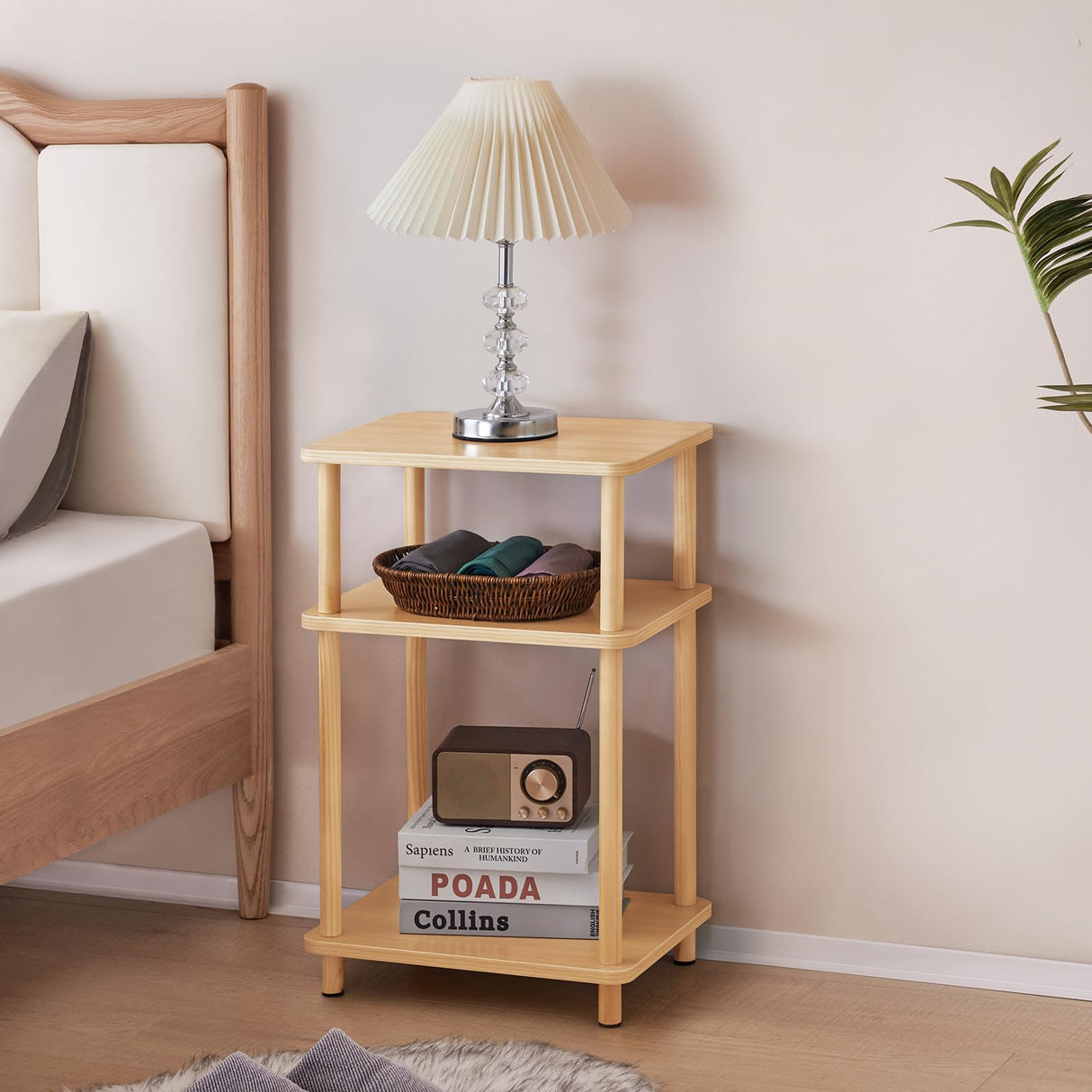 Apicizon 3 Tier End Table, Record Player Stand with Storage Shelf, Wooden Vinyl Record, Nightstand Bedside Table for Small Spaces, Bedroom, Living Room, Easy Assembly, Natural Apicizon