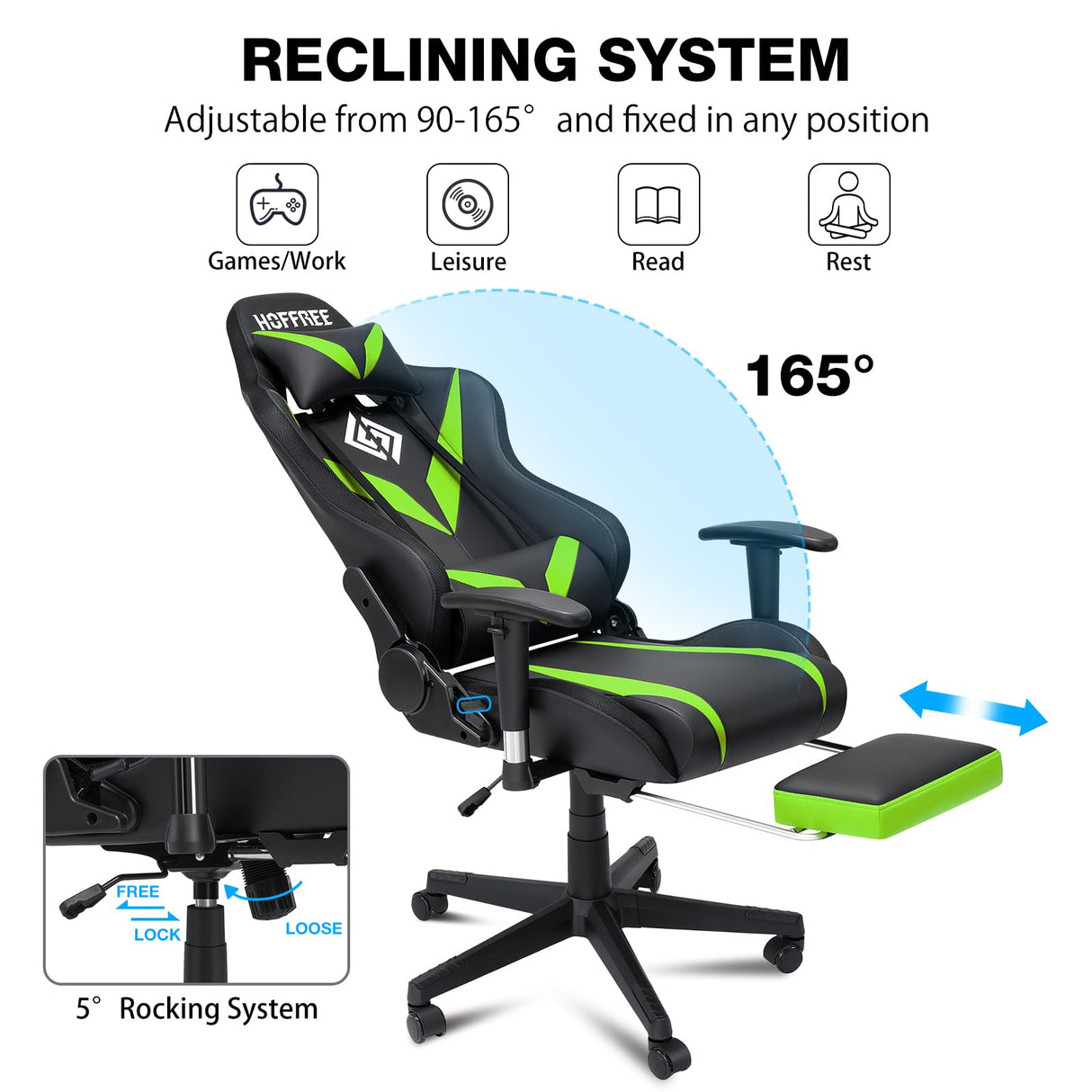 HOFFREE Gaming Chair with Bluetooth Speakers and Led Lights Massage Vide Game Chair with Footrest Reclining High Back Computer Gamer Chair Green and Black HOFFREE