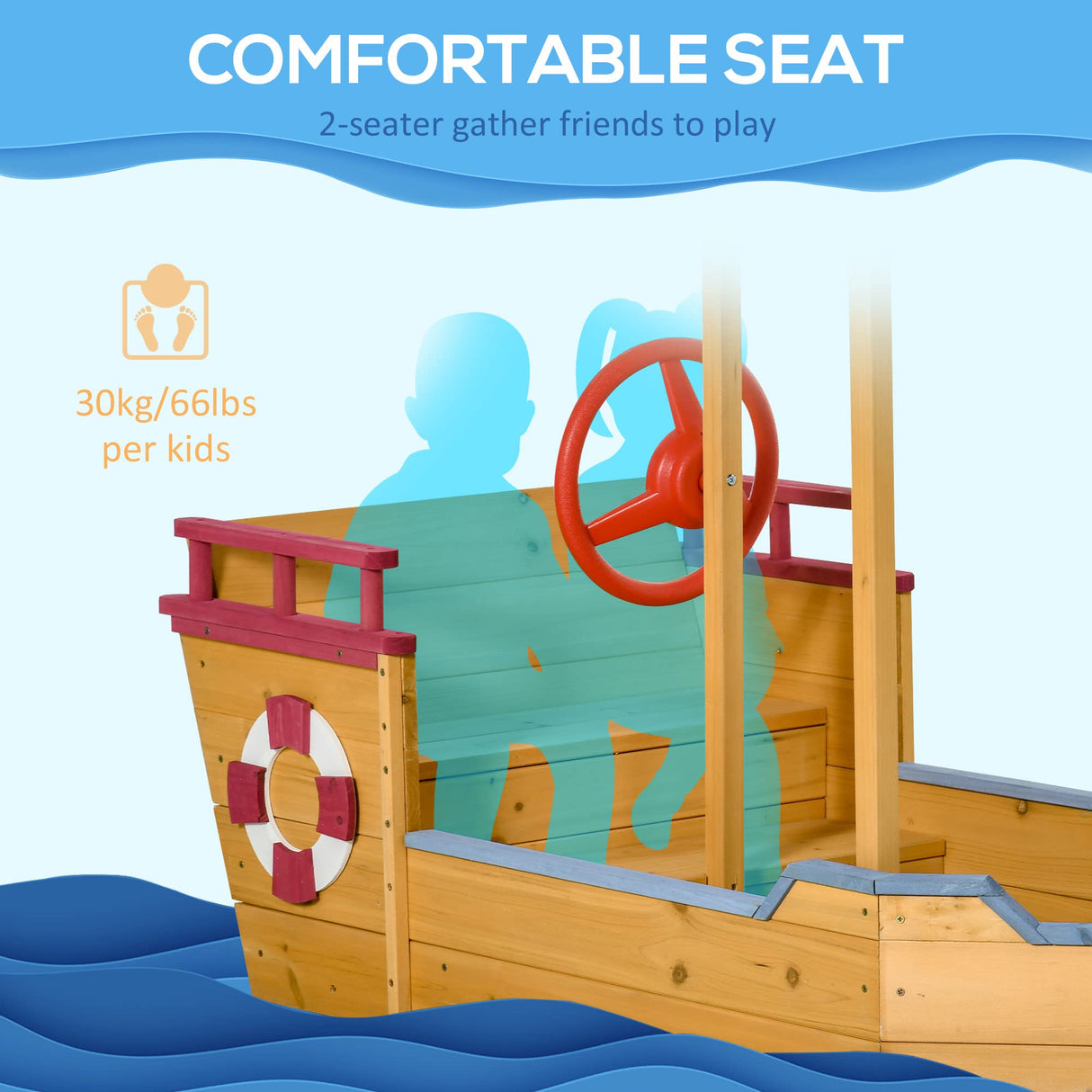 Outsunny Pirate Ship Sandbox with Cover and Rudder, Wooden Sandbox with Storage Bench and Seat, Outdoor Toy for Kids Ages 3-8 Years Old Outsunny