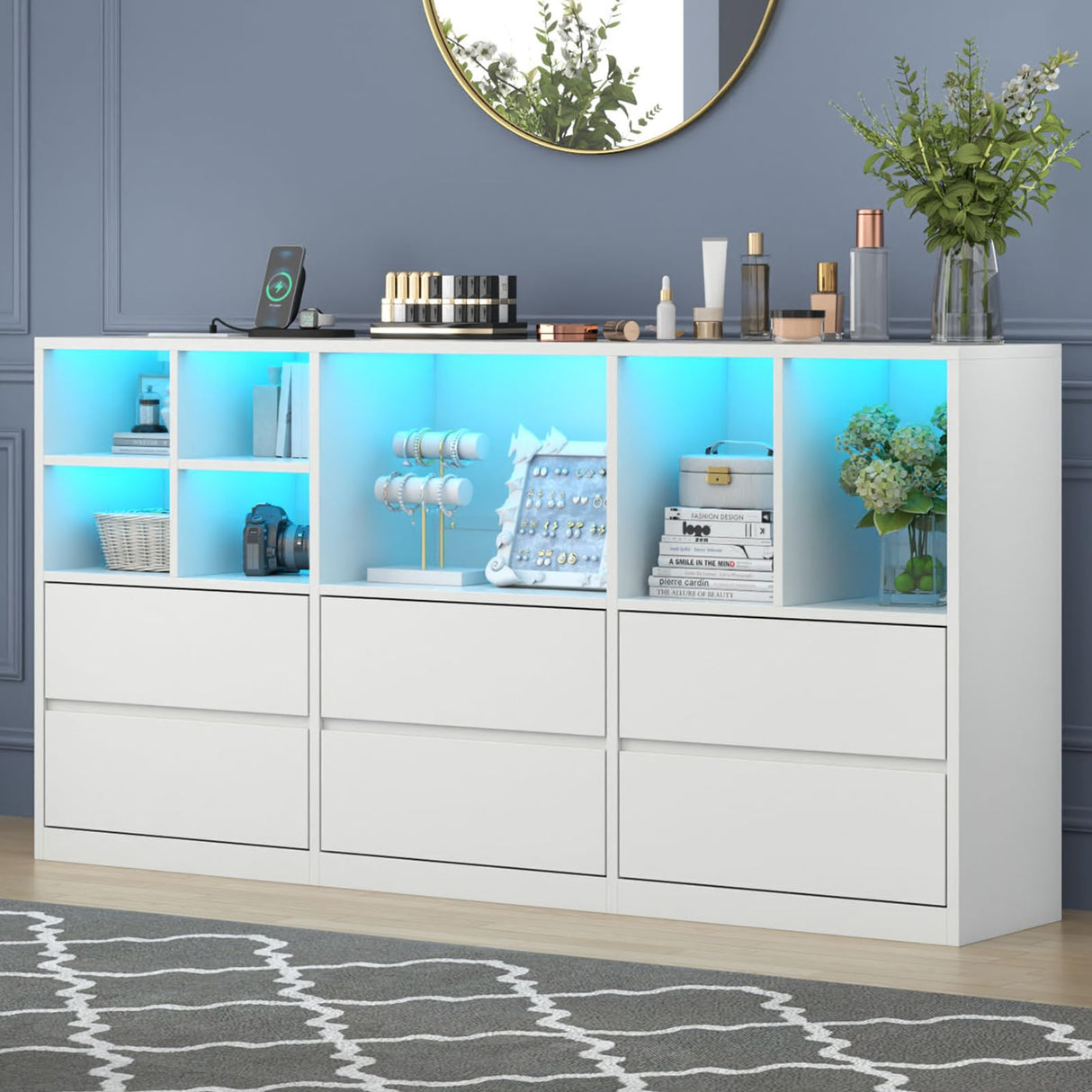 6 Drawers Dresser with 7 Storage Cubbies, LED Chest of Drawers with Power Outlet, 63" Triple Wide Long Dresser Organizer for Bedroom, Modern TV Stand with Open Shelf for Living Room, Entryway (White) Gyfimoie