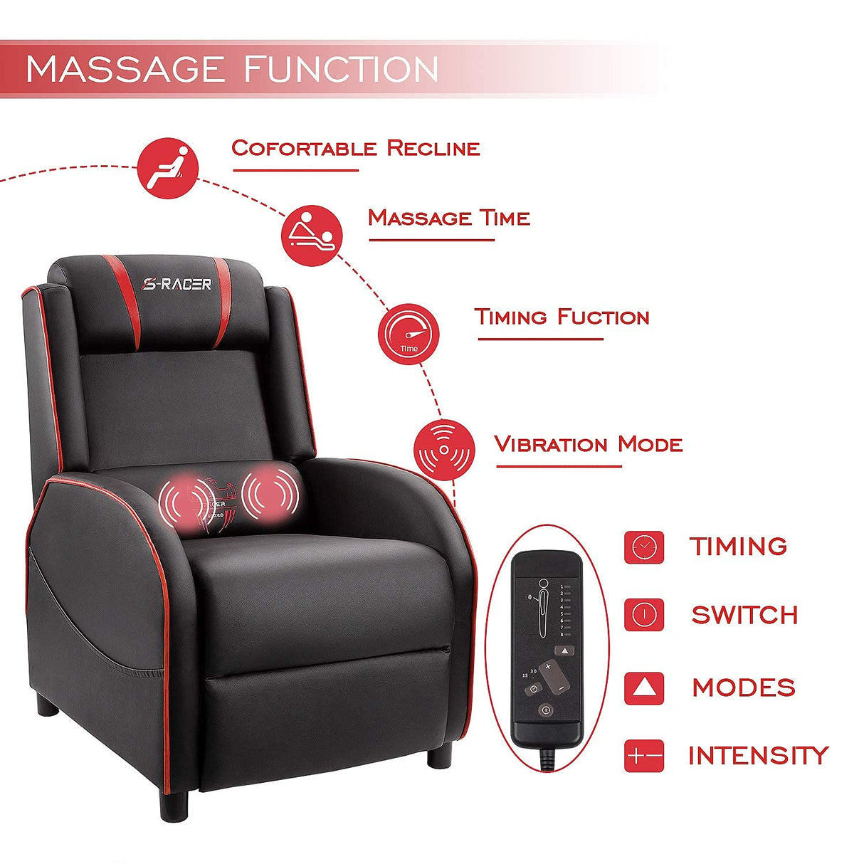 Homall Gaming Massage Recliner Chair Racing Style Single Living Room Sofa Recliner PU Leather Recliner Seat Comfortable Ergonomic Home Theater Seating (Red) Homall