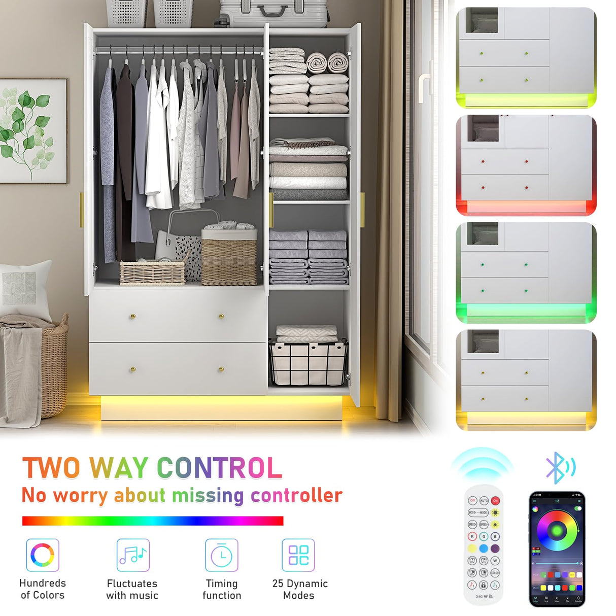 jiteentarou 3 Door Wardrobe Closet with Mirror & LED Lights, Bedroom Armoire with Drawers & Shelves, Modern Wooden Armoire Wardrobe Closet with Hanging Rod for Bedroom, White jiteentarou