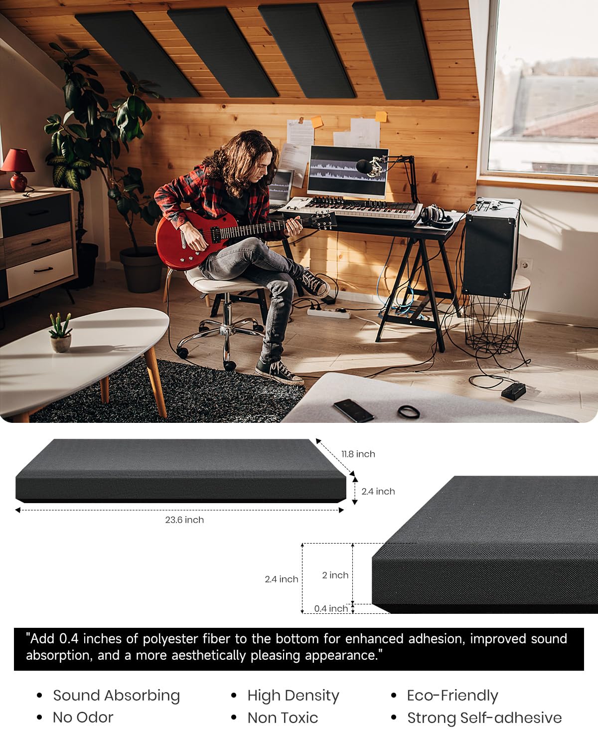 Moukey Acoustic Panels 4 PCS, 2.4“ Thick Fiberglass Soundproof Wall Panels 24''x12'', Self-adhesive Sound Absorbing Panels for Studios, Office, Home Theater (Black) Moukey