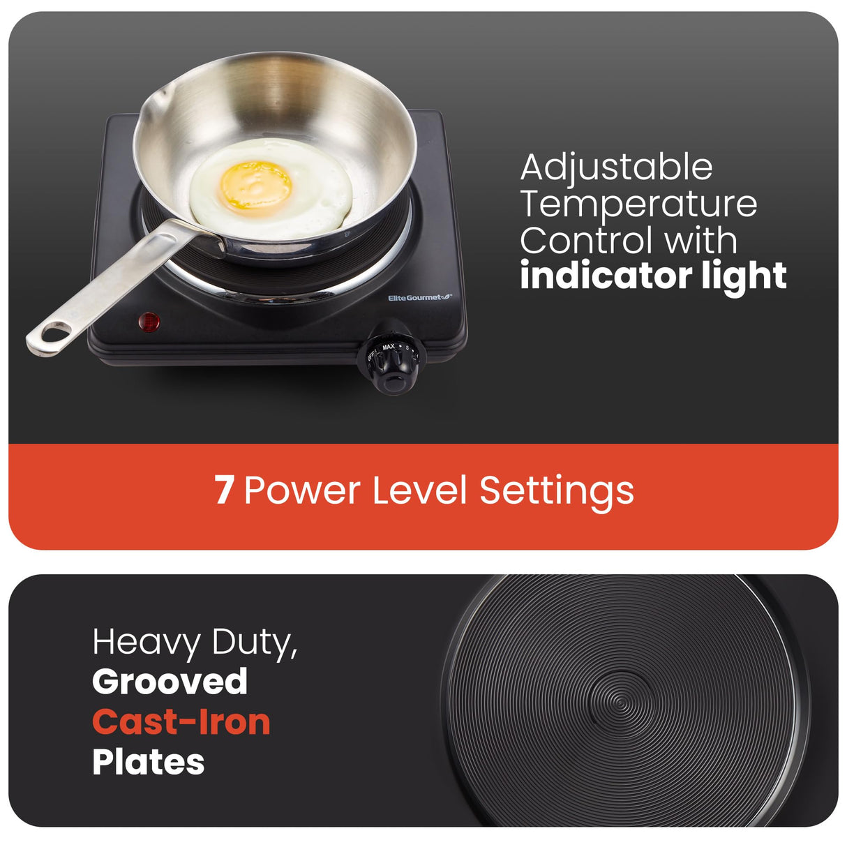 Elite Gourmet ESB-301BF Countertop Single Cast Iron Burner, 1000 Watts Electric Hot Plate, Temperature Controls, Power Indicator Lights, Easy to Clean, Black Elite Gourmet