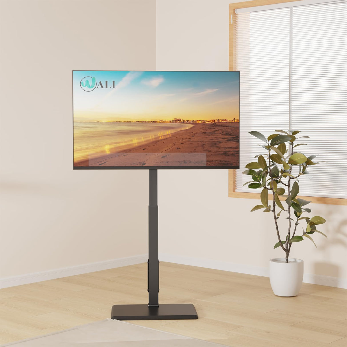 WALI Floor TV Stand with Power Outlet, Tall TV Stand Mount for 32-75 inch TV up to 110 lbs, Swivel and Height Adjustable TV Stands with Wood Base for Bedroom, Office(TVDVD-7P), Black WALI