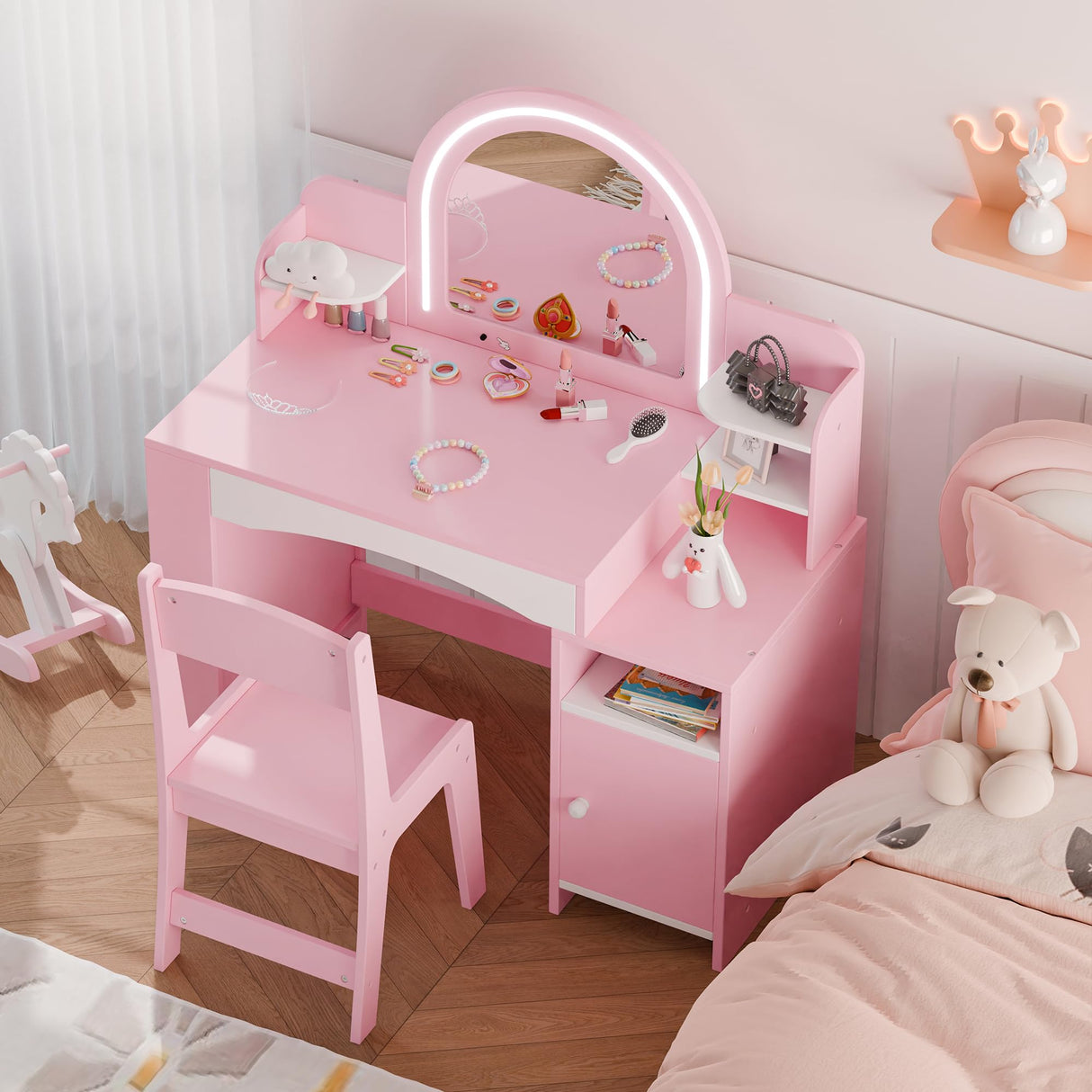 MU Kids Vanity with Lights, Princess Makeup Vanity Desk with Open Bookshelf, Storage Cabinet & Shelves, 2 in 1 Toddler Vanity Table & Chair Set with Lighted Mirror for Little Girls, Pink MU