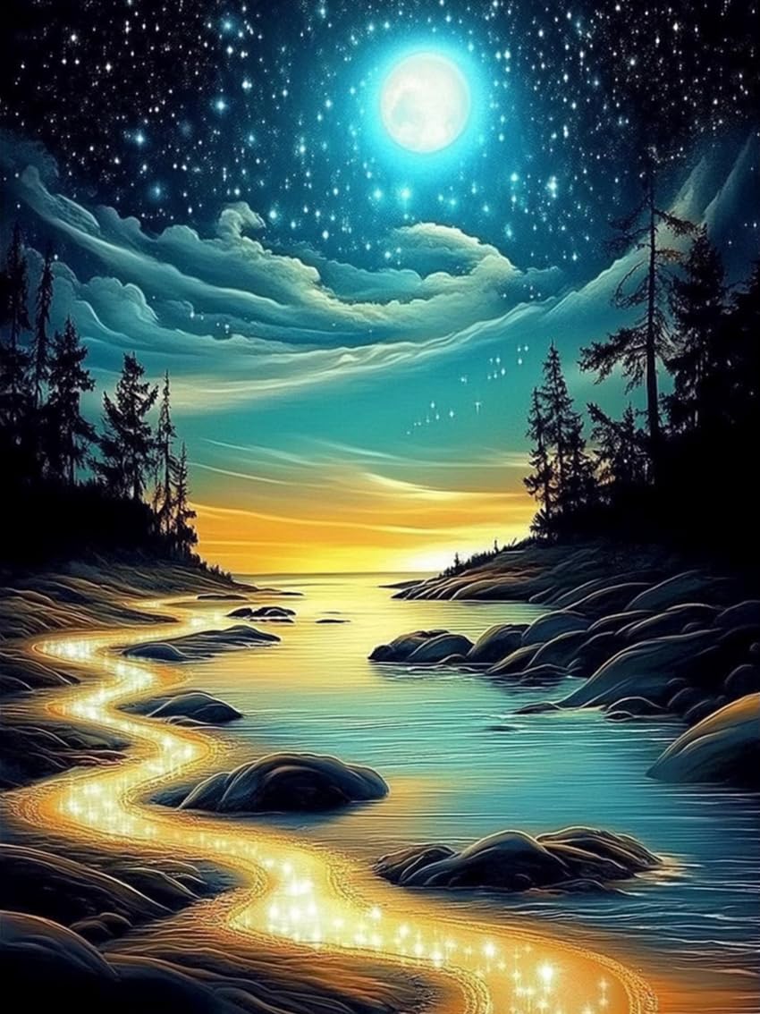 Moon Beach Diamond Art Kit for Adults,5D Full Drill Round Diamond Dot Painting for Beginners,DIY Paint with Diamond Beach Gem Art Painting Adult Crafts for Wall Decor 12x16Inch DIYDECORFUN