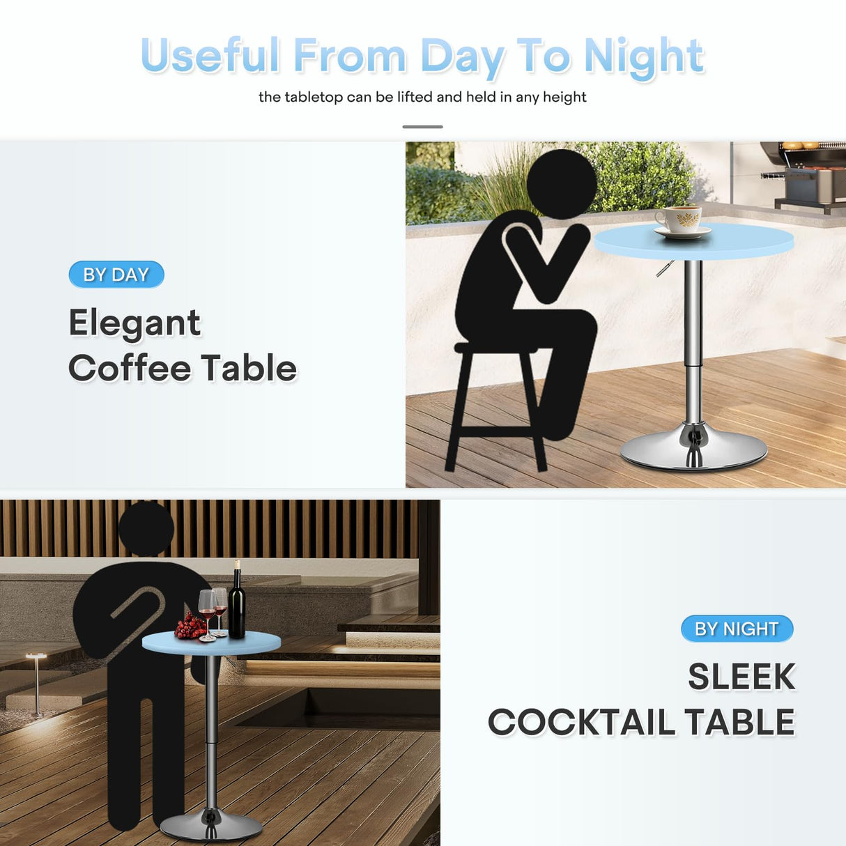 Athena Collection Round Bar Table 27.5"- 36" Height Adjustable Bistro Pub Table, Bar Height Cocktail Table with Swivel Top Metal Base, Tall Table for Home Bar Party Event, Blue Athena Collection