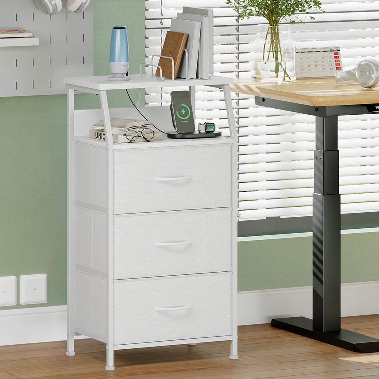 Somdot White Nightstand with Charging Station and LED Light for Bedroom, Tall 3 Drawers Dresser with Fabric Bins for Bedside Kids Dorm Room Closet Laundry Entryway, White Leather Somdot