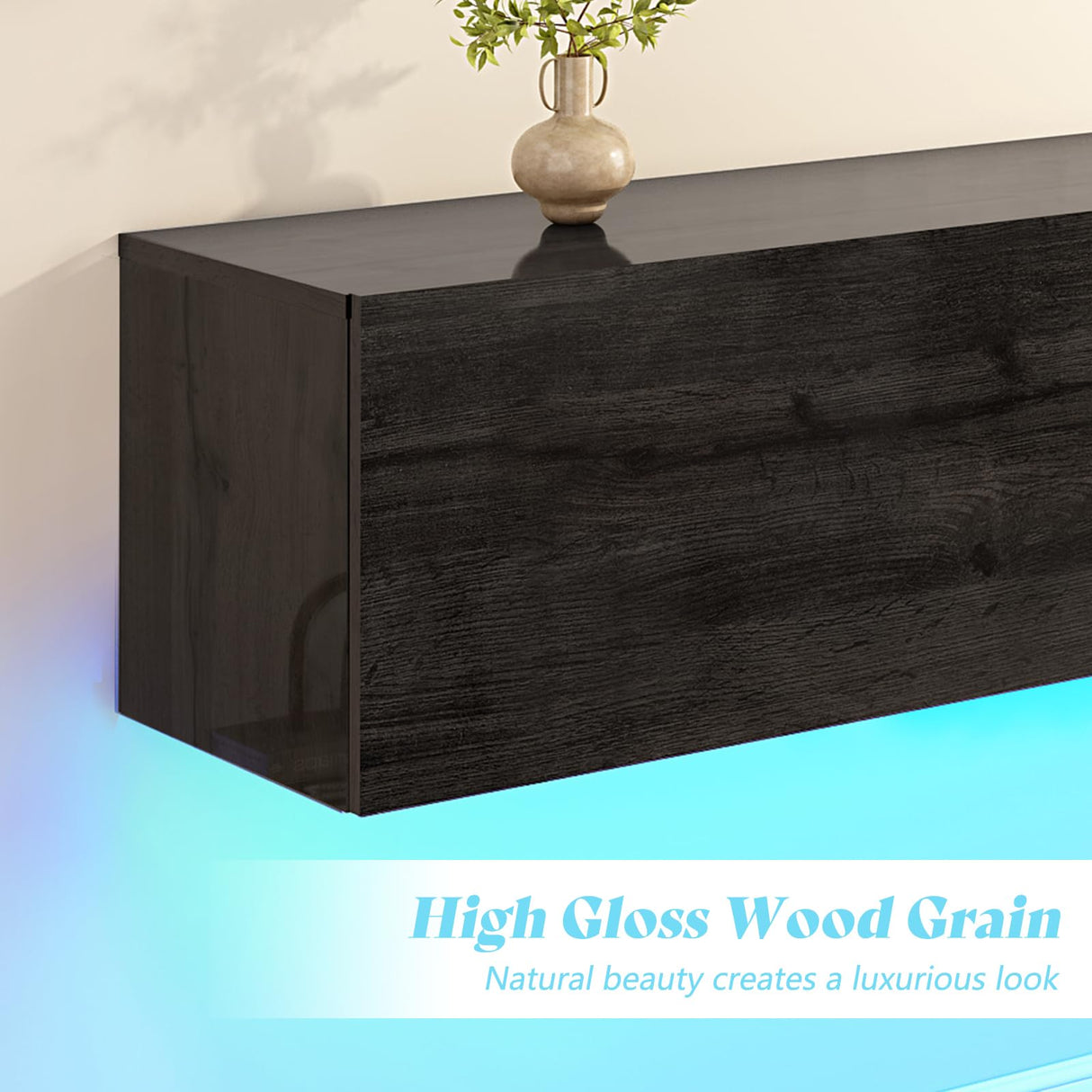 AMERLIFE 70" Floating TV Stand with LED Lights and Power Outlet, High Gloss Wooden Texture Wall Mounted Media Console Entertainment Center for TVs Up to 80", Black AMERLIFE