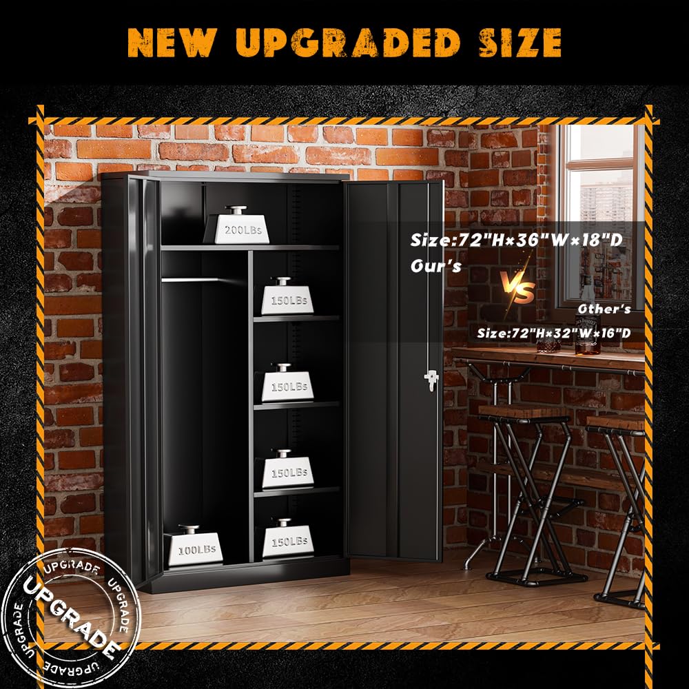 Greenvelly Metal Storage Cabinets Locker, 72" Locking Steel Storage Wardrobe Cabinet, Metal Employees Locker Clothing Coat Freestanding Wardrobe for Home Office, Garage, Gym(36" W×18" D) Greenvelly