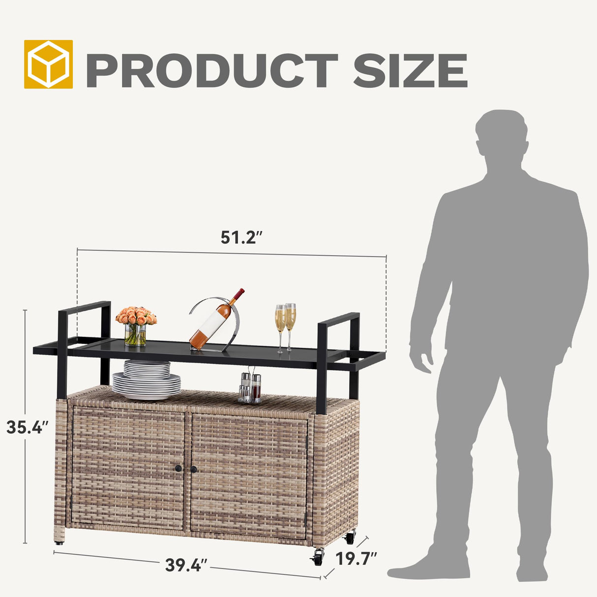 DWVO XL Outdoor Storage Cabinet,Patio Storage Table with Glass Top, Bar Table with Wheels,Outdoor Bar Cart for Patio, Poolside and Backyard,Light Brown DWVO