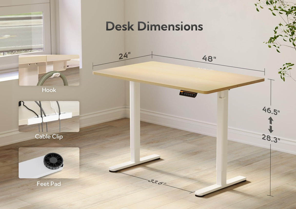 Claiks Electric Standing Desk, Adjustable Height Stand up Desk, 48x24 Inches Sit Stand Home Office Desk with Splice Board, White Frame/Nature Top Claiks
