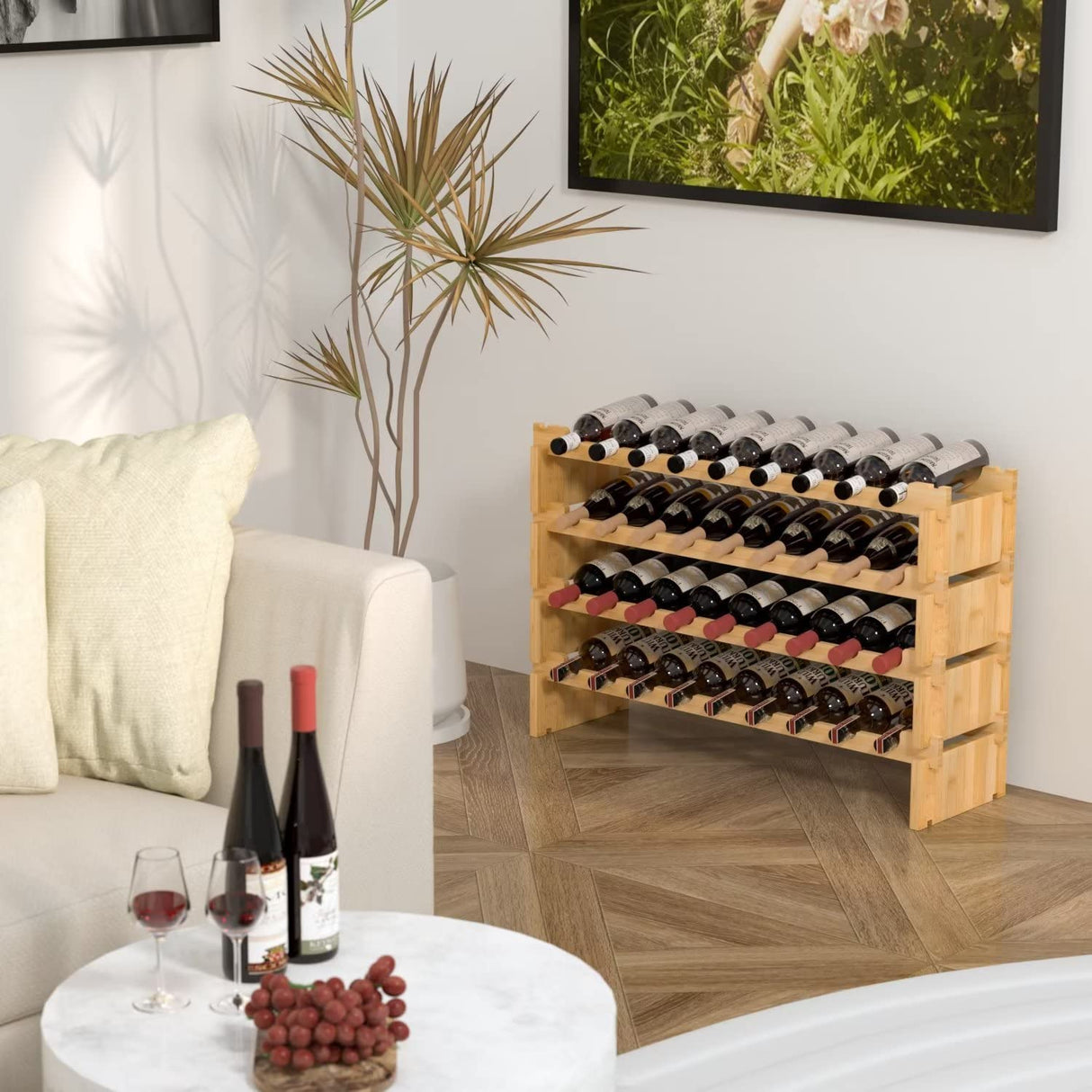 Domax Wine Rack Freestanding Floor - 36 Wine Bottle Holder, Large Stackable Wooden Storage Racks for Inside Cabinet and Countertop (Yellow) Domax