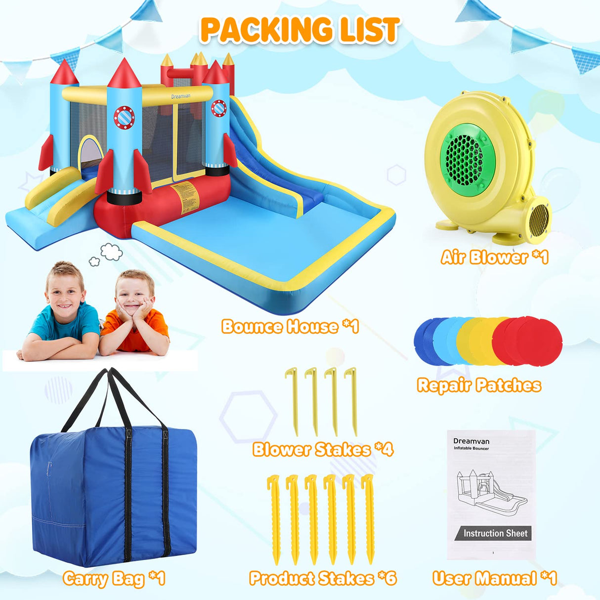 WONFUY Bounce House for Kids 13X11ft Outdoor Indoor Bouncy House with Blower Jumping Castle Water Slide Climbing Wall and Pool Splash, Backyard Fun Rocket Inflatable Slide Bouncer Ages 3-10 Years WONFUY