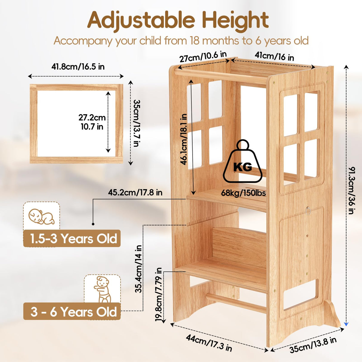 BueDeHai 4 in 1 Kitchen Toddler Step Stool, Wooden Kitchen Toddler Tower with Whiteboard and Safety Rail, Adjustable-Height Kids Learning Standing Tower for Kitchen Counter Bathroom Sink BueDeHai
