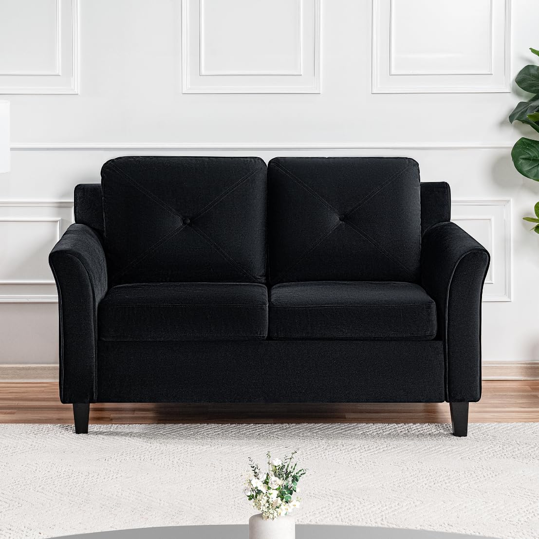 Raelynn Button Tufted Loveseat Affordable Black Loveseat for Budget-Conscious Buyers Microfiber Couch for Small Spaces Durable Sturdy Living Room Furniture Tool-Free Assembly and Easy Maintenance Naomi Home