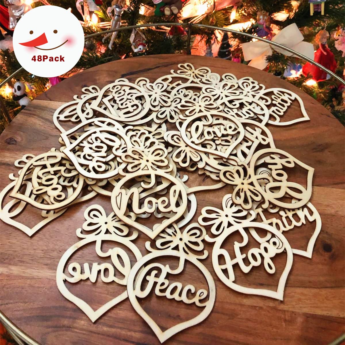 48 Pack Hollow Wood Letter Ornaments for Church Party Christmas Tree, Wedding Favor, Birthday Decoration Alove Ditto