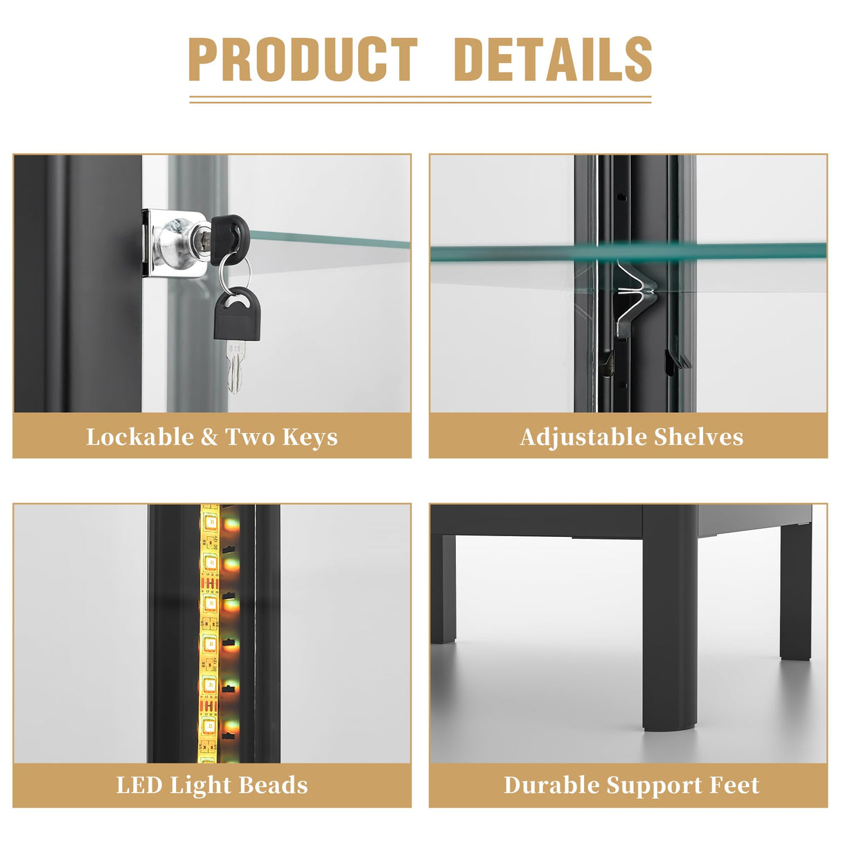 Desirable Life 5-Tier Glass Display Cabinet with 13 Color LED Lights & Lock, 63" Curio Cabinet with Glass Doors & Adjustable Shelves, Lighted Display Case for Collectibles Figures Trophy - Black Desirable Life