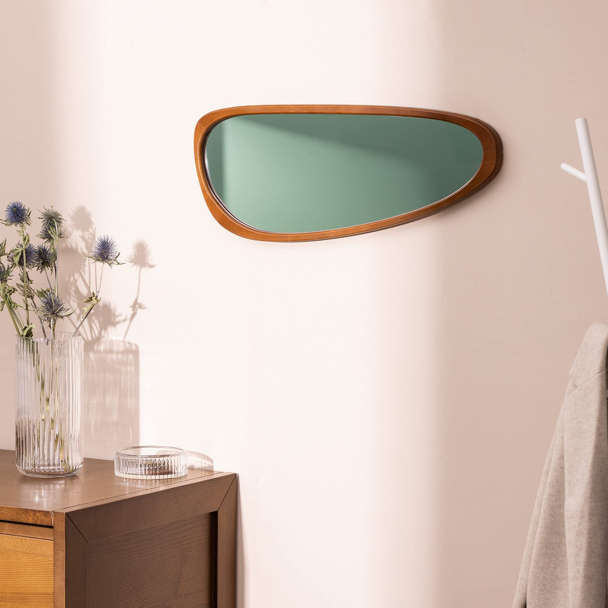 Navaris Irregular Wall Mirror - 23.6 x 9.6 in - Wooden Asymmetrical Mirror - Mid Century Abstract Design - Aesthetic Home Decor - Beechwood Frame Navaris