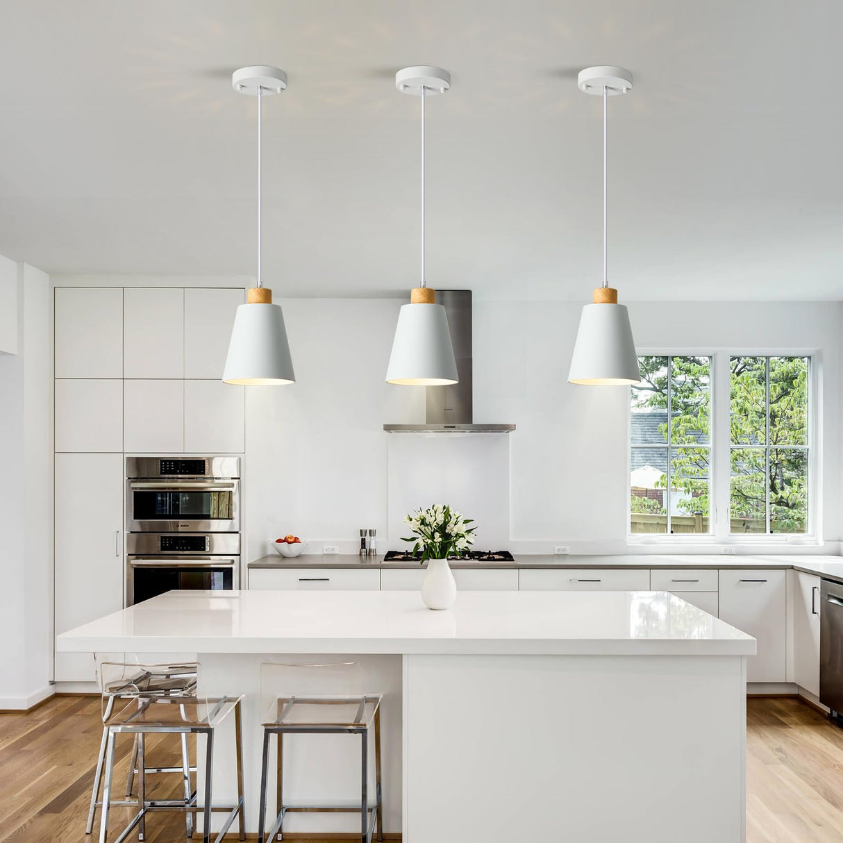 LAMKNVS Mini Pendant Light Fixtures White Wood Pendant Lighting for Kitchen Island 7.87in Cone Modern Ceiling Hanging Lights Hollow Shade Nordic Island Light for Counter, Bar, Hallway LAMKNVS