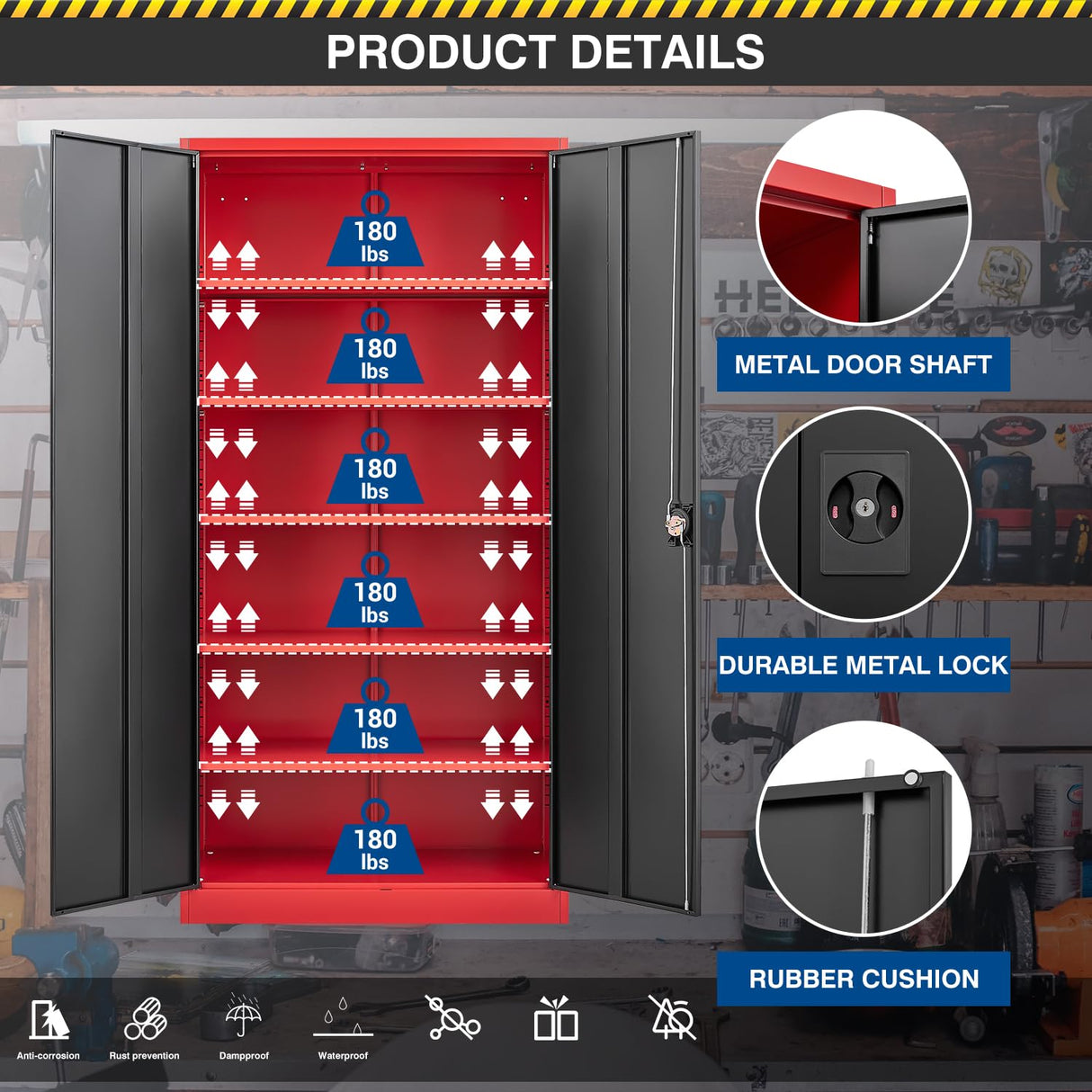 Fesbos Metal Storage Cabinet-72” Tall Steel File Cabinets with Lockable Doors and Adjustable Shelves-Black&Red Steel Storage Cabinet for Kitchen, Office, Garage Fesbos