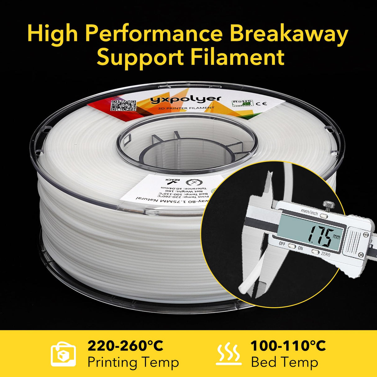 Breakaway Support Filament 1kg Manual Easy Clean Removal 3D Printing Support for ABS, Nylon, ASA, PC, PPS, PA-CF, PA-GF, PETG, Support Material for Engineering Grade Filament with PC Reusable Spool yxpolyer
