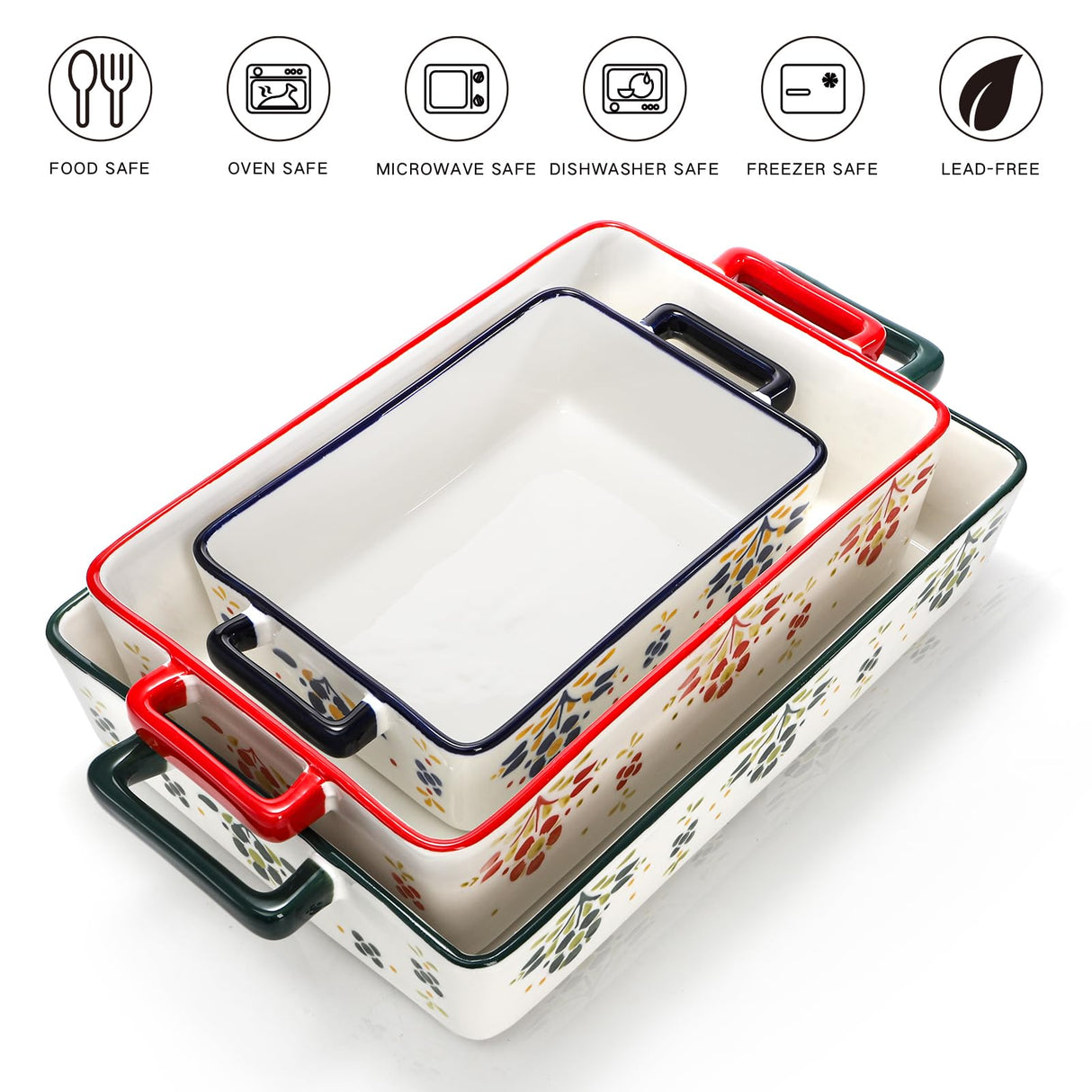 Peohud Set of 3 Casserole Dishes for Oven, Porcelain Baking Dishes with Handle, Large Rectangular Lasagna Pans, Ceramic Bakeware Set for Cooking, Kitchen, Cake Dinner, Banquet and Daily Use Peohud