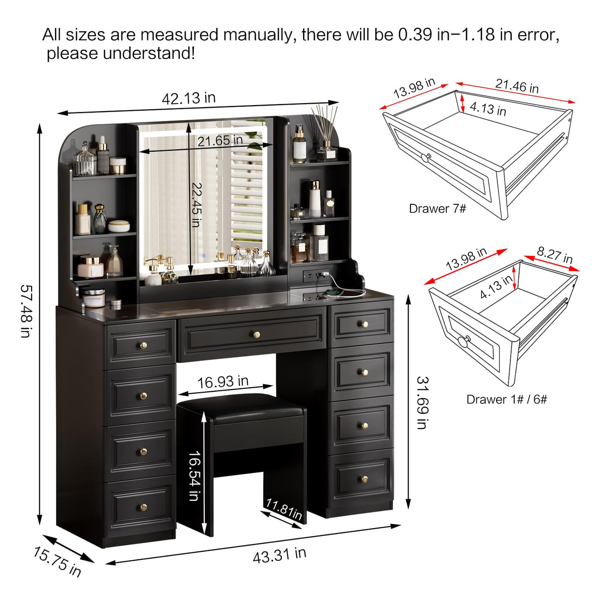 YYJ 42" Makeup Vanity Desk with Mirror and Lights, & Power Outl,Glass Top Big Vanity Table with 9 Drawers& 8 Storage Shelves,Dressing Table Set with Chair for Bedroom, Black.. YYJ