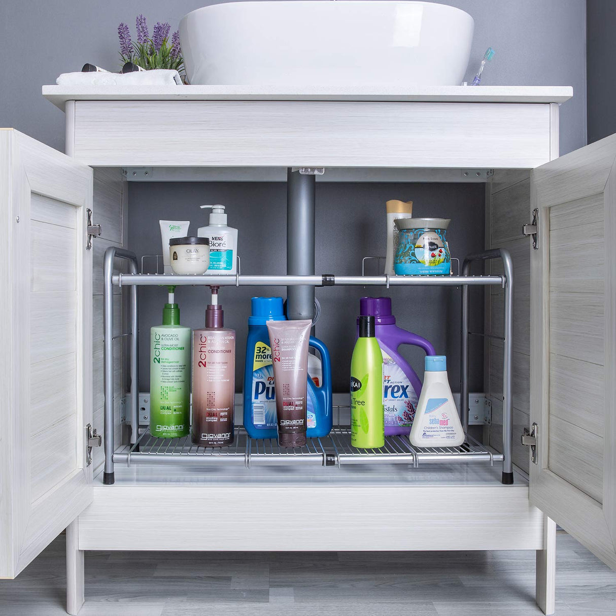 FlagShip 2 Tier Under Sink Organizers and Storage Rack Expandable Cabinet Shelf for Kitchen Bathroom Silver (17-25 inches) FlagShip