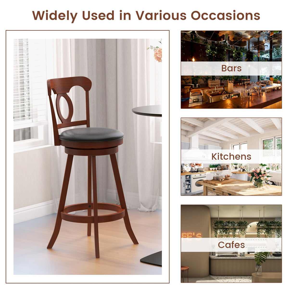 COSTWAY Bar Stools Set of 2, 30 Inch Swivel Bar Height Chairs with Ergonomic Back & Footrest, Vintage Wooden Barstool Set for Kitchen Island, Pub, COSTWAY