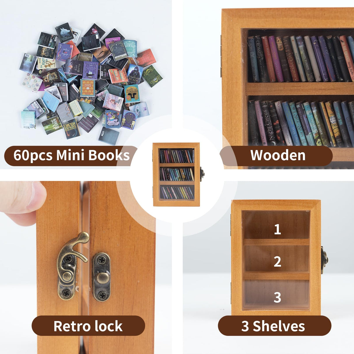 Brown Anxiety Bookshelf,Super Mini Bookshelf,Set:1 Wooden Book Display Case + 60 PCS Mini Books,Shake Away Your Anxiety,Home Study Room Office Bedroom Library Decor,Perfect for Book Lovers WodGod