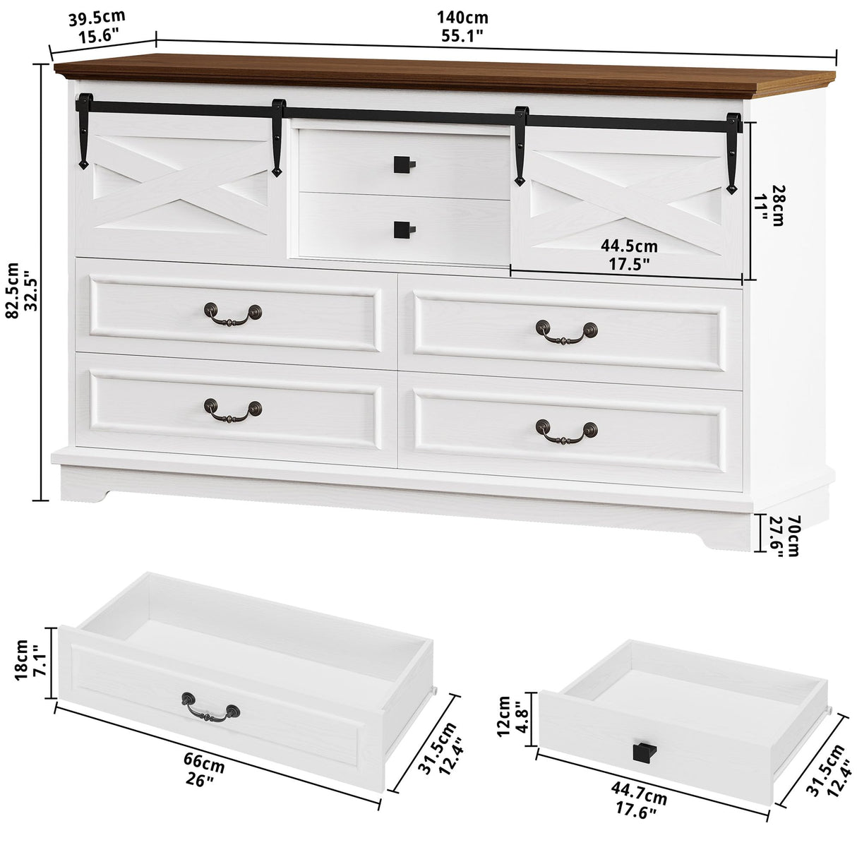 IRONCK Farmhouse 6 Drawers Dresser for Bedroom, 55.1" Large Wooden Chest of Drawers with Sliding Barn Door, White/Walnut IRONCK