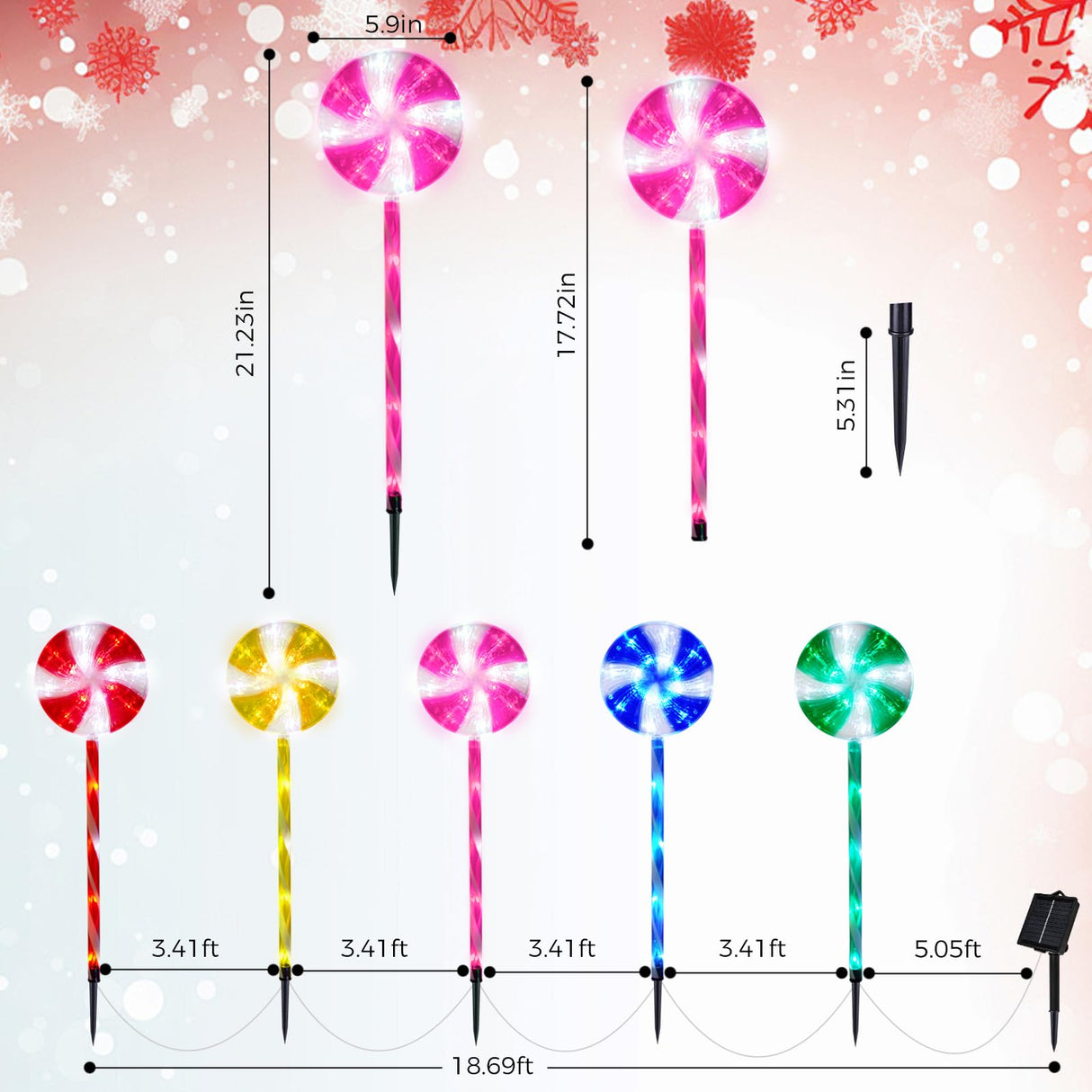 Outdoor Christmas Decorations Solar Pathway Lights, Set of 5 Lollipops Peppermint Stake Lights, 8 Modes Candy Cane Walkside Lights, Outdoor Xmas Decoration for Walkway,Yard ILLUMINEW