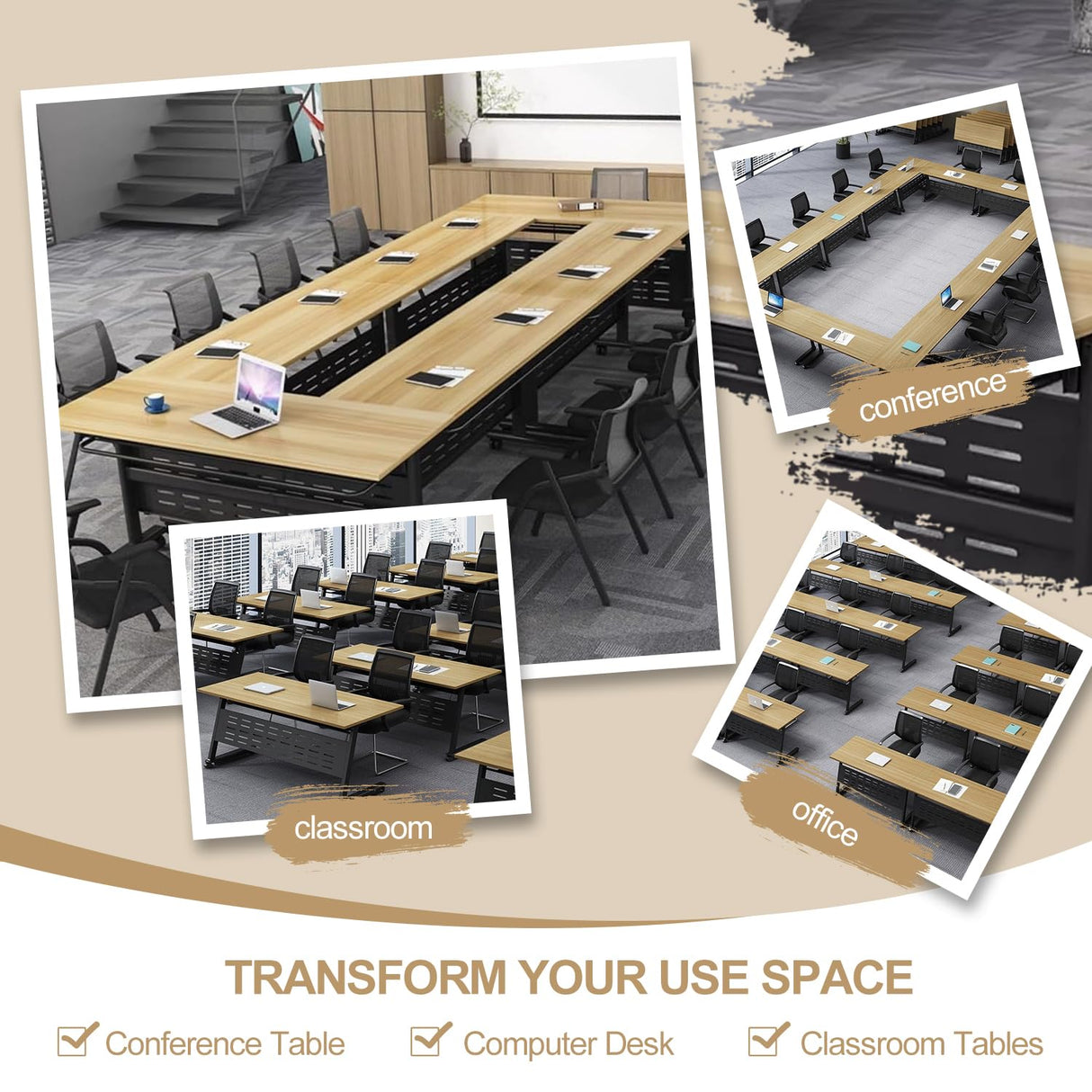 Conference Room Table, 14FT Large Folding Conference Table for 10-18 People, Training Tables with Caster Wheels, Business Style Wooden Meeting Seminar Table with Strong Metal Frame, Flip Top Junpllvic