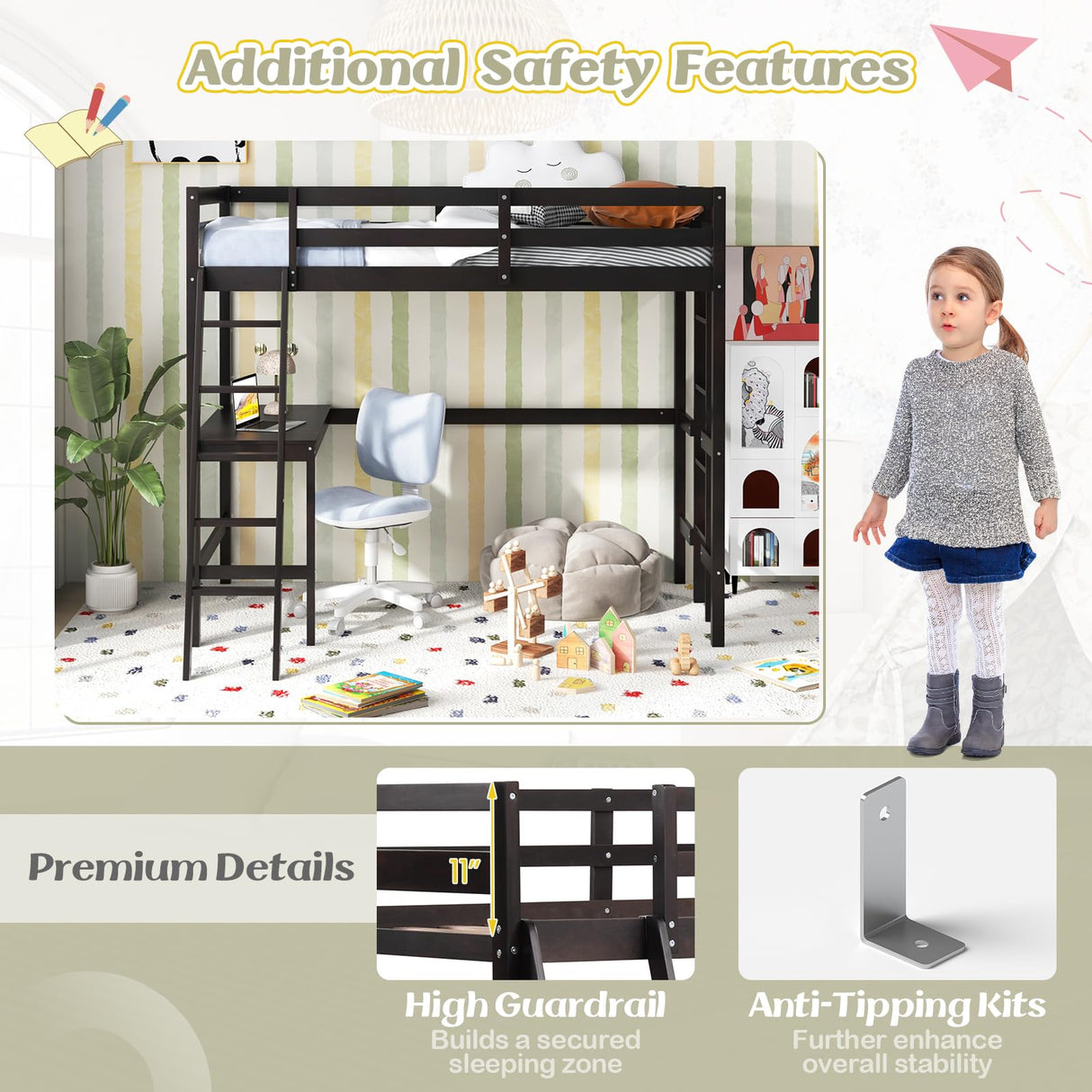 KOMFOTT Solid Wood Twin Loft Bed with Integrated Desk and Dual Ladders KOMFOTT