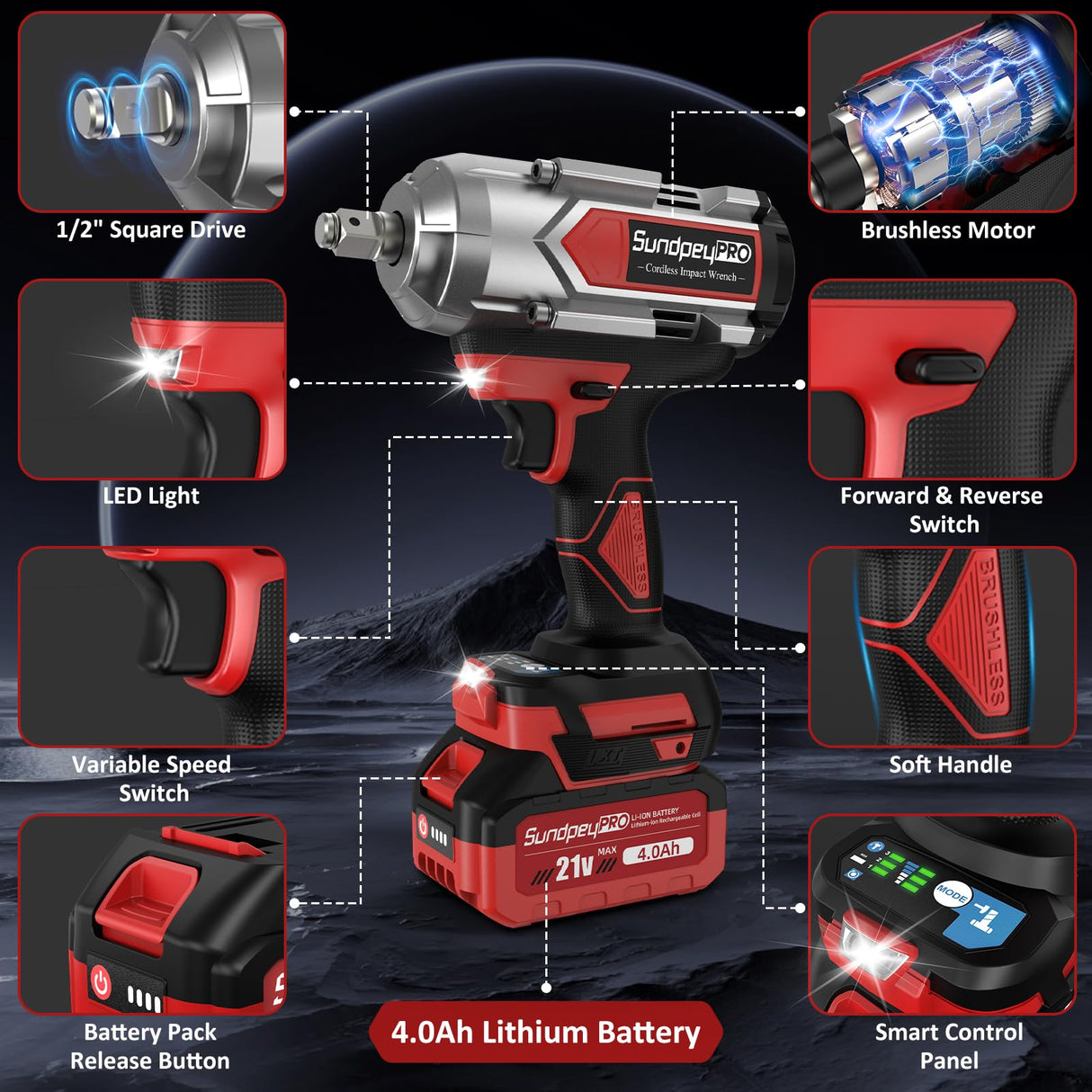 SundpeyPRO Cordless Impact Wrench 960Ft-lbs - 1300N·m High Torque Impact Wrench - 21V 2600RPM Brushless Power Impact Gun with 2 × 4.0Ah Battery 6 Sockets & Charger & Carry Case for Car Tire Truck DIY SundpeyPRO