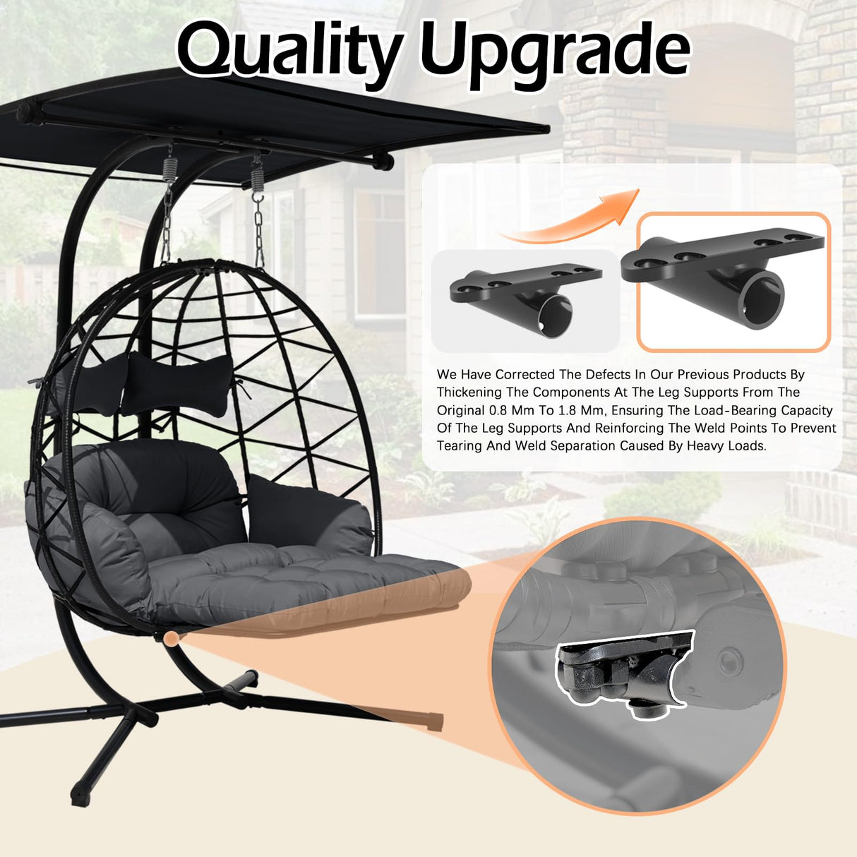 Double Egg Chair Outdoor with Stand & Adjustable Canopy, Extra Large 2 Person Patio Egg Chair with Leg Rests, Hanging Swing Chair with Thickened Cushion, Swinging Love Seat for Outdoor Patio (HQH) VIXLON