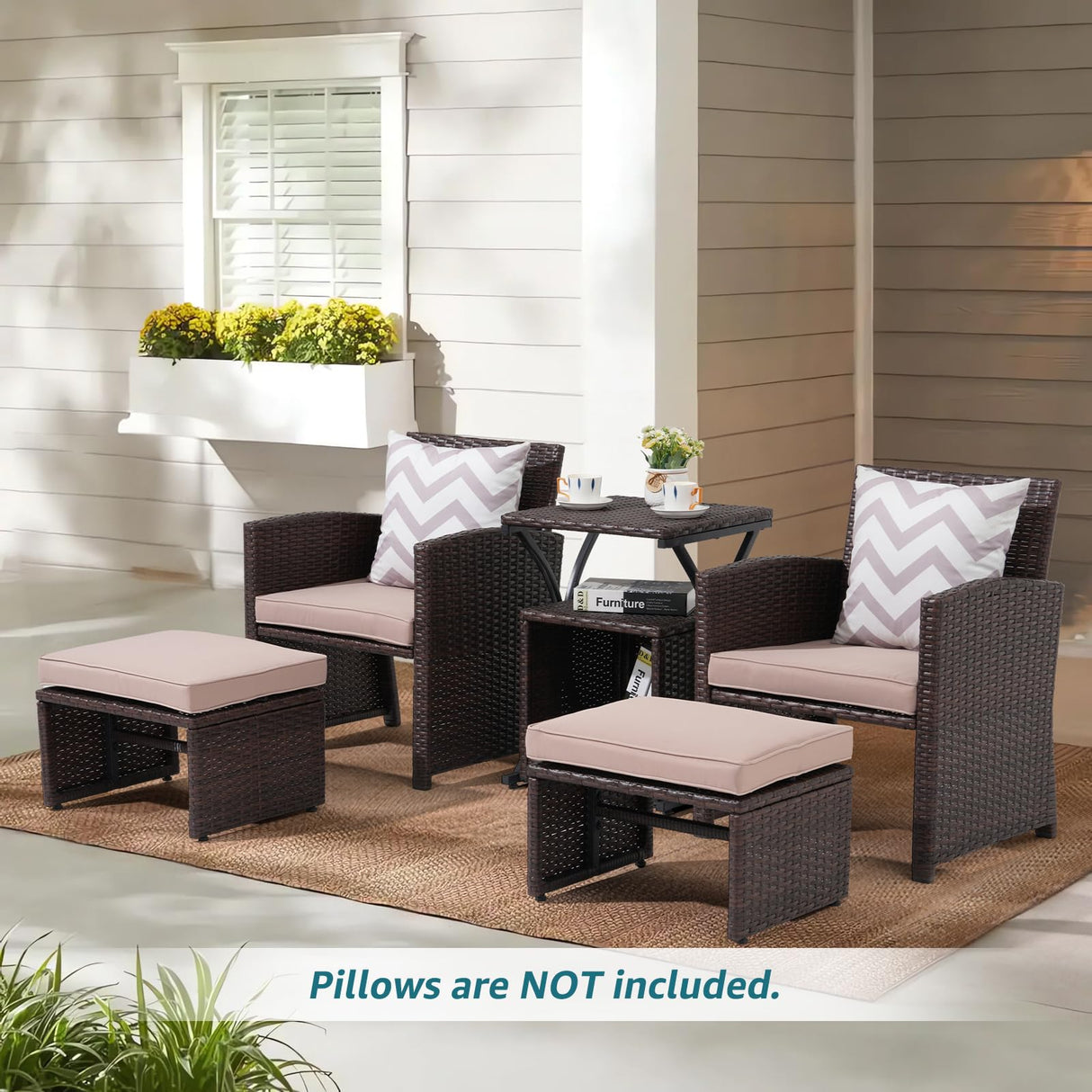 OC Orange-Casual 6 Piece Patio Wicker Furniture Set, Balcony All Weather Rattan Chair, with Space Saving Ottoman, Resin Nesting Coffee Table, Modern Design, Beige OC Orange-Casual