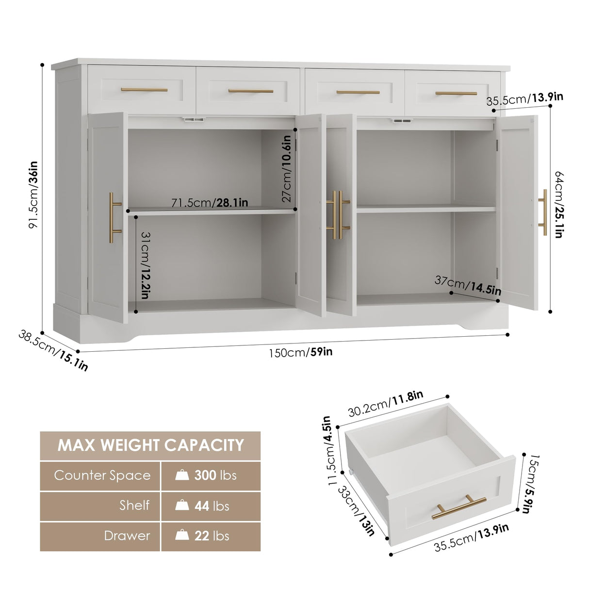 HOSTACK 60" Large Buffet Sideboard with Storage, 36" Tall Kitchen Buffet Storage Cabinet with 4 Drawers, Modern Coffee Bar Cabinet with Gold Handles, Long Sideboard Buffet Table for Kichen, White HOSTACK
