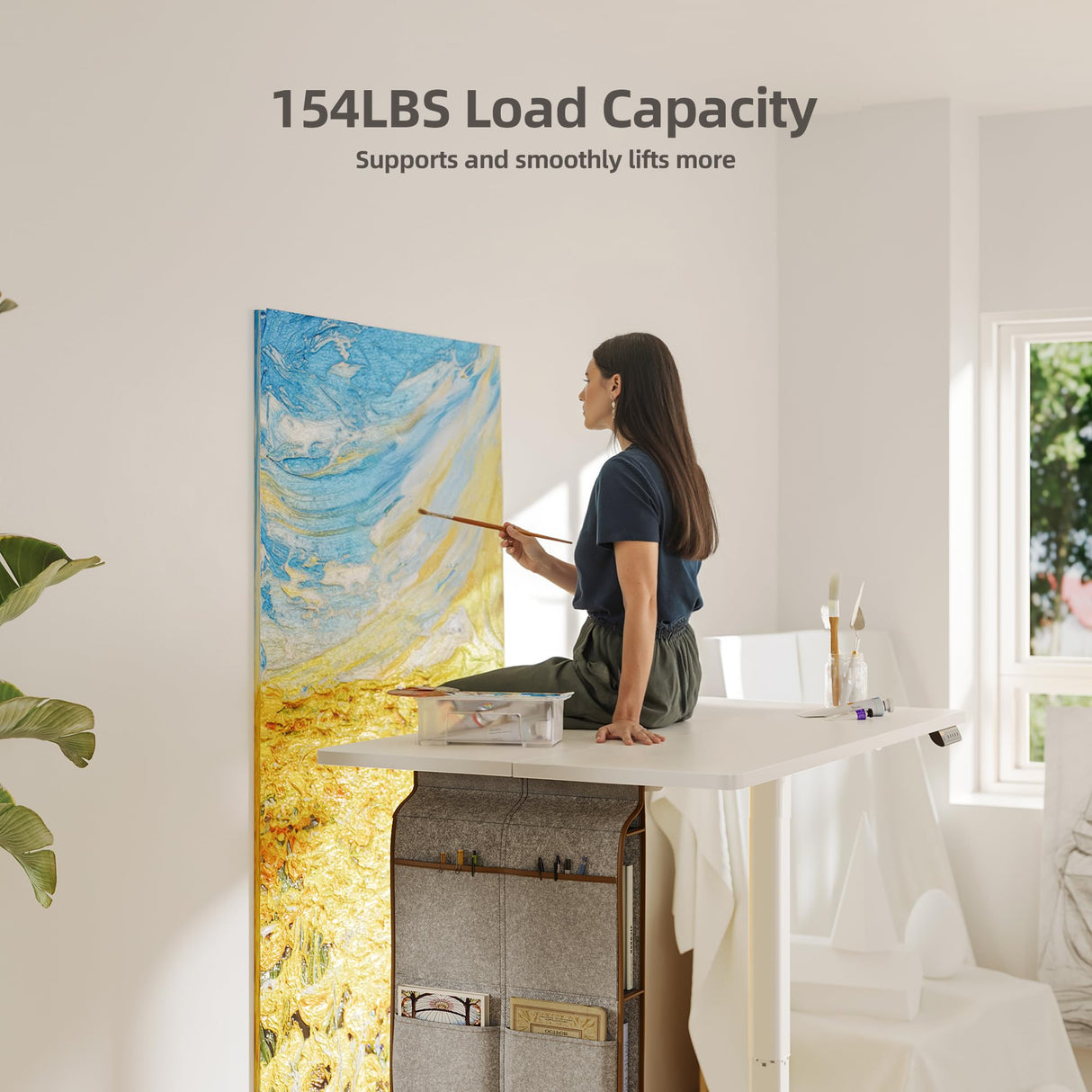 Claiks Electric Standing Desk Adjustable Height with Spacious Storage Bag, 48x24 Inch Stand Up Desk with Headphone Hook, Sit Stand Desk for Home Office Computer Workstation, White Claiks