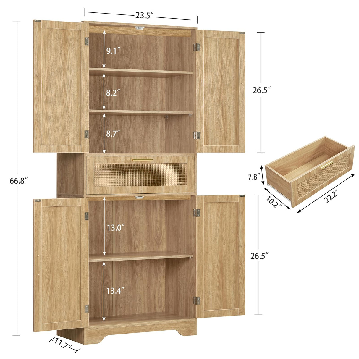 Iwell Tall Storage Cabinet with 2 Adjustable Shelves & Large Drawer, Rattan Cabinet with 4 Doors, Pantry Cabinets for Dining Room, Living Room, Home Office, Natural Iwell