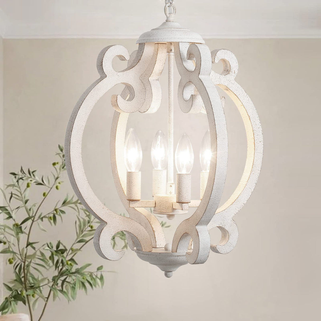 ALISADABOY Dining Room Chandelier Farmhouse Rustic White Wood Light Fixture Antique Orb Pendant Lighting for Kitchen Island Living Room Bedroom Entryway Foyer Staircase, 4 Light ALISADABOY