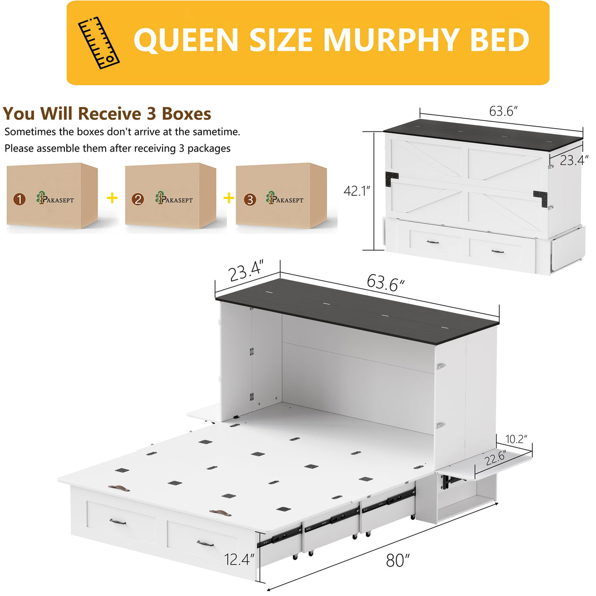 PAKASEPT Queen Murphy Bed - Murphy Cabinet Bed with Storage & Charging Station, Farmhouse Bed Frame with Foldable Panel and Hidden Space, for Living Room, Guest Bedroom PAKASEPT