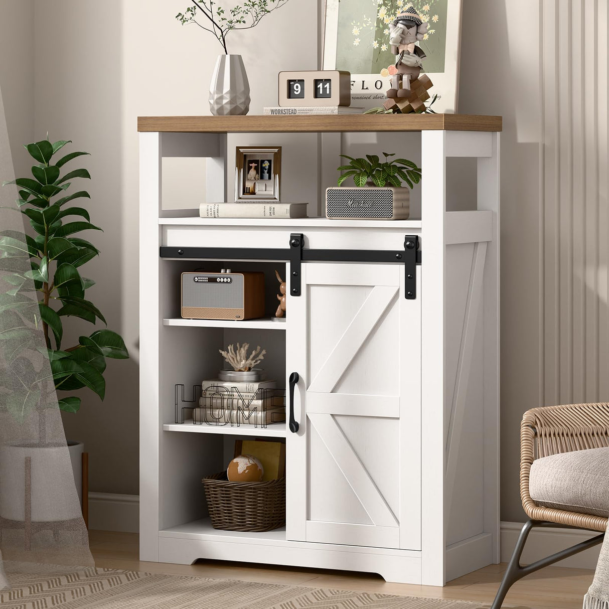 Halitaa Farmhouse Bathroom Floor Cabinet with Sliding Door, Small Storage Cabinet with Adjustable Shelf, Farmhouse Storage Cabinet for Bathroom, Kitchen, Living Room, Rustic Style Cabinet, White Halitaa