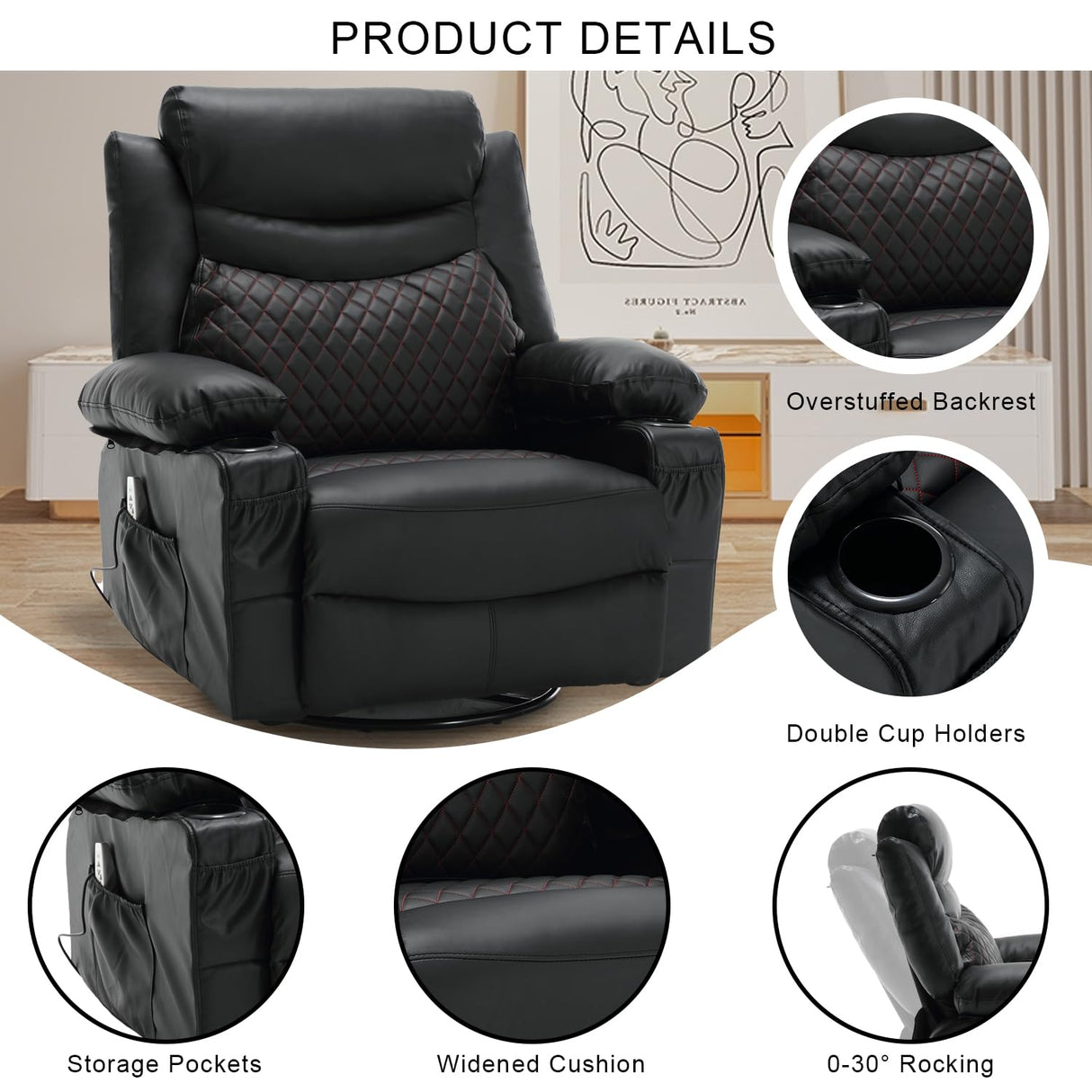 linting Electric Swivel Rocker Recliners with Massage and Heat for Adults Faux Leather Overstuffed Power Swivel Recliner with Cup Holders USB Port, Black Rocking Glider Chairs linting