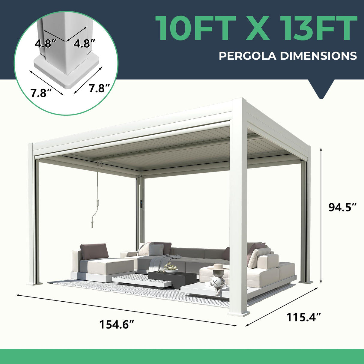 YOLENY Electric Louvered Pergola 10x13, Solar and Electric Powered, Integrated LED and 4 Side Screens, Full Aluminum Frame and Louvers, Adjustable Rainproof Roof for Outdoor Living, White YOLENY