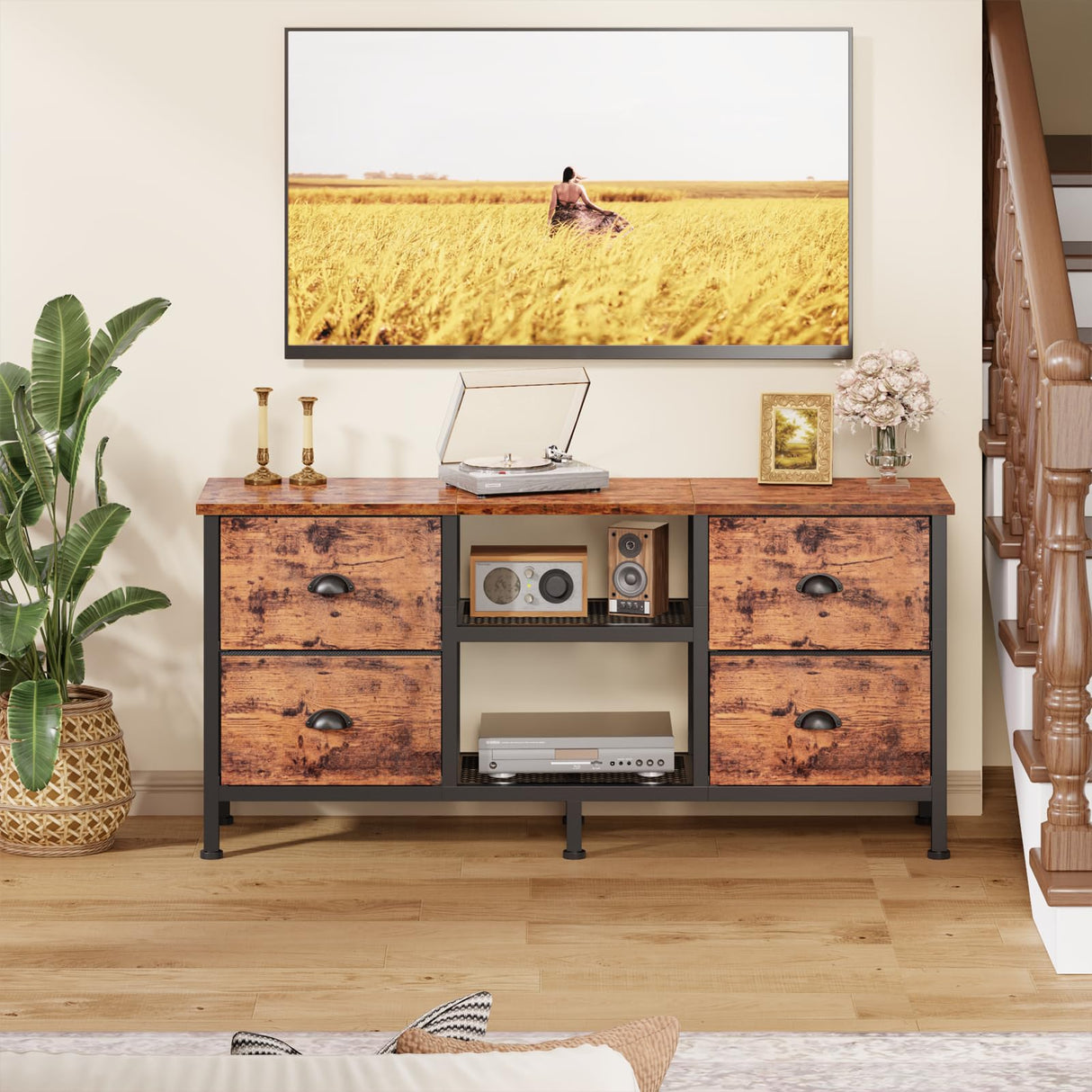 Furologee TV Stand Dresser with 4 Drawers, Small TV Console Table with Open Shelf, Entertainment Center for 50" TV, Industrial Media Center for Bedroom, Living Room, Rustic Brown Furologee